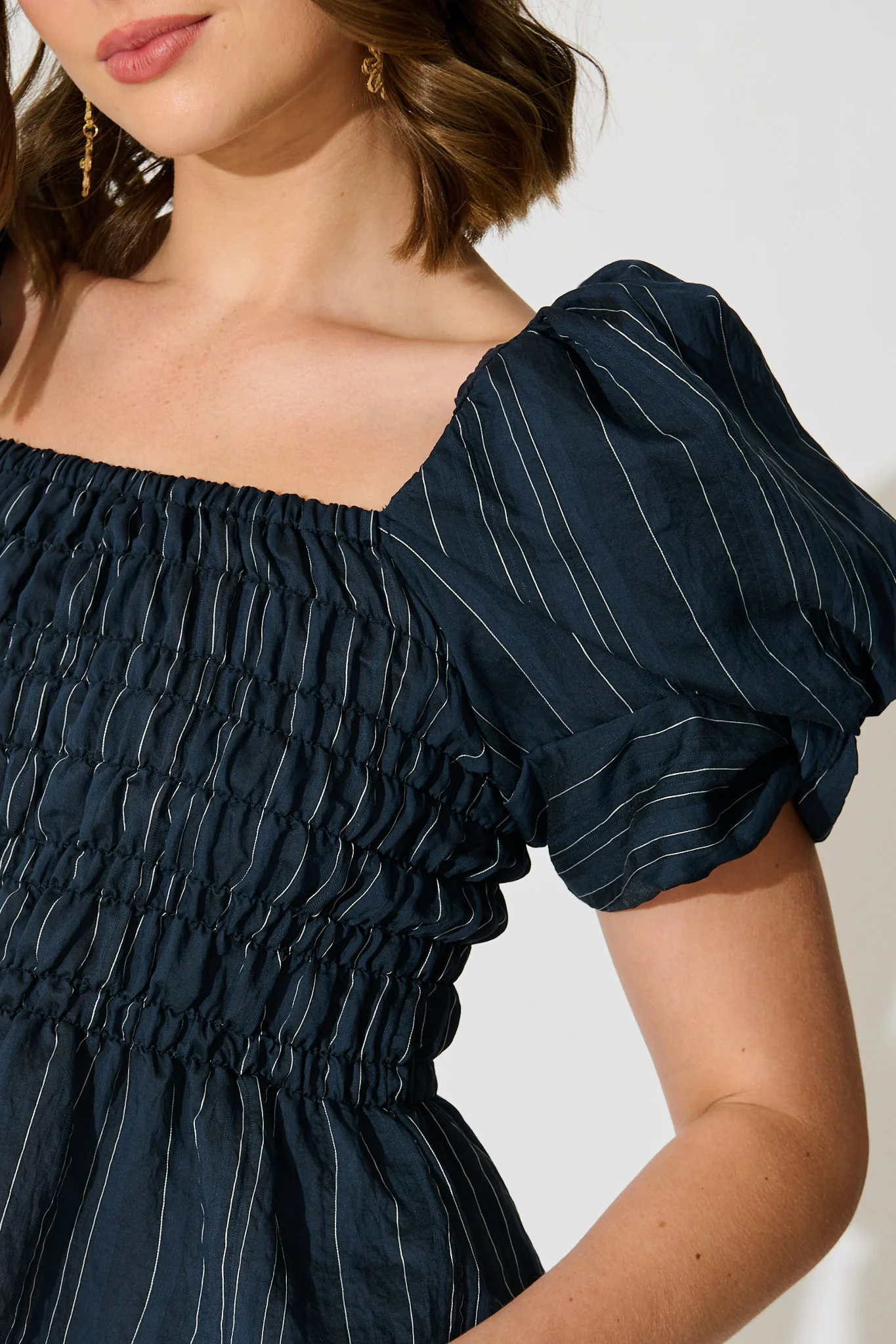 Layne Shirred Top in Navy with White Stripe - Image 5