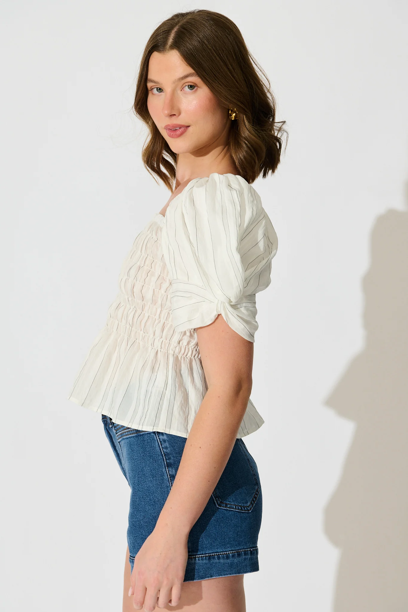 Layne Shirred Top in White with Black Stripe - Image 3