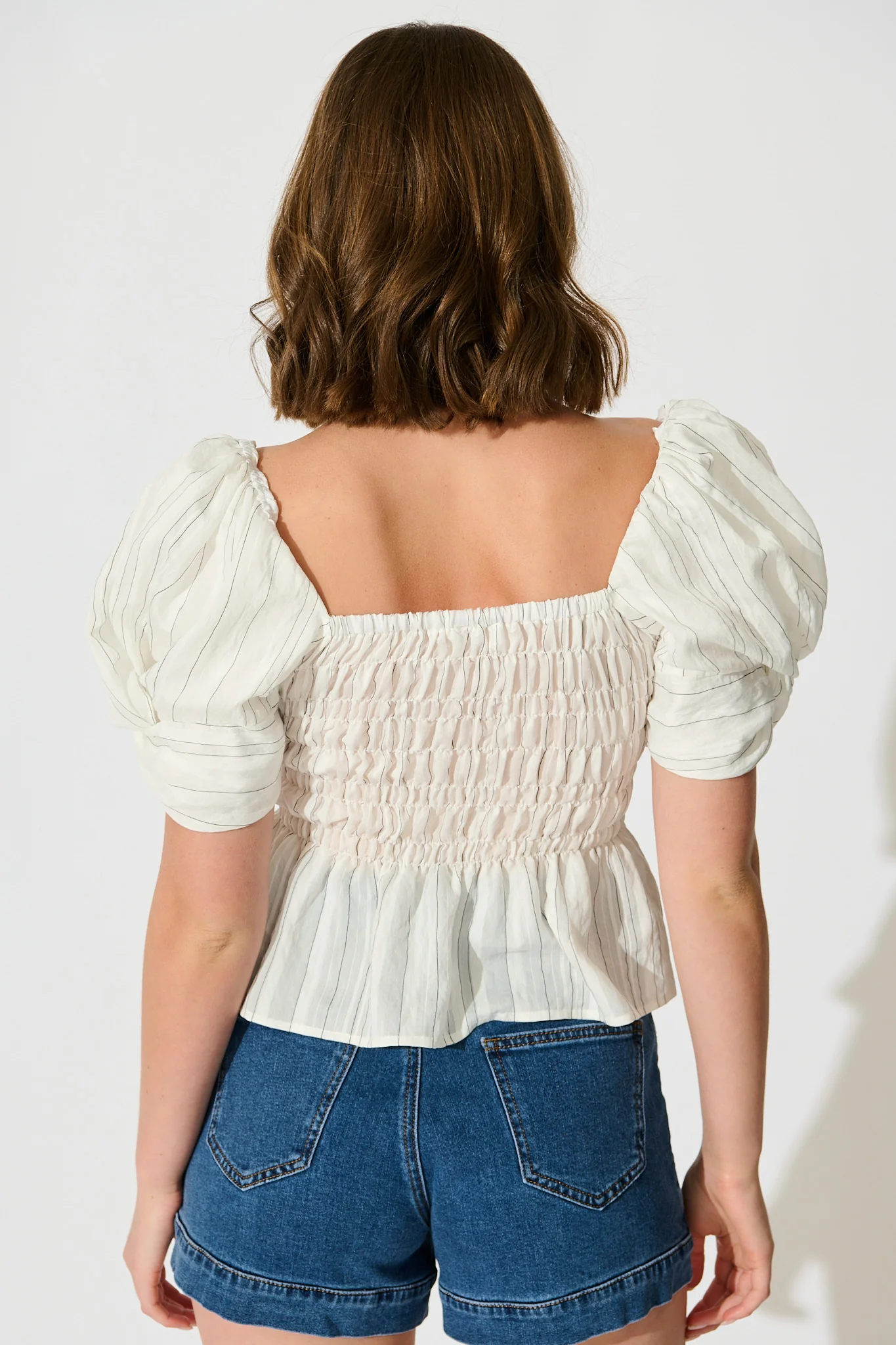 Layne Shirred Top in White with Black Stripe - Image 4