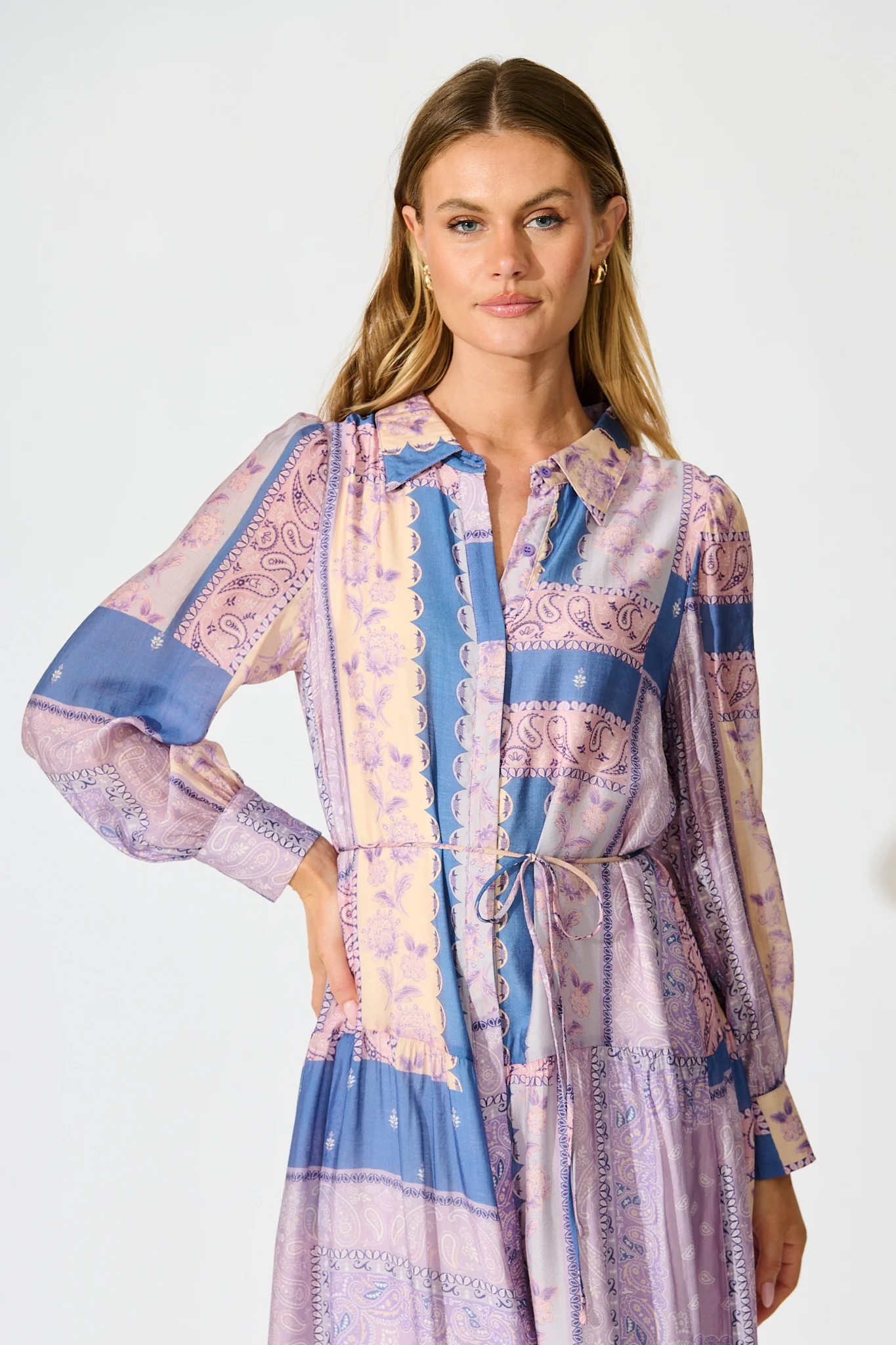 Layton Maxi Shirt Dress in Lilac and Blue Patchwork - Image 2
