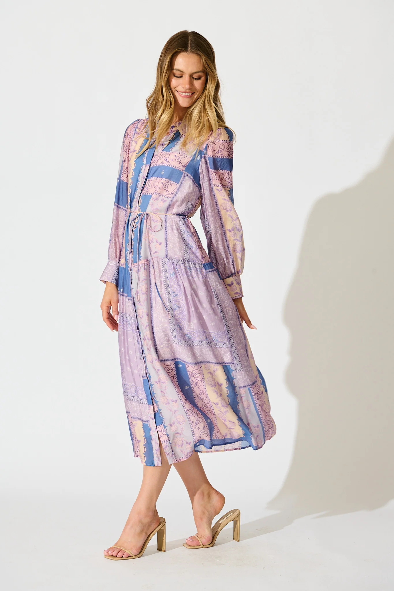 Layton Maxi Shirt Dress in Lilac and Blue Patchwork - Image 3