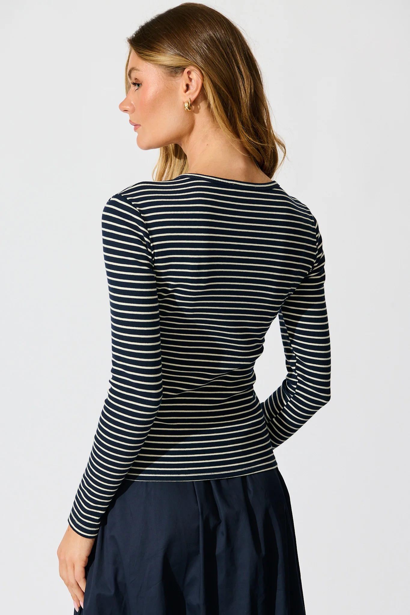 Leighton Top in Navy with Cream Stripe Cotton Blend - Image 3