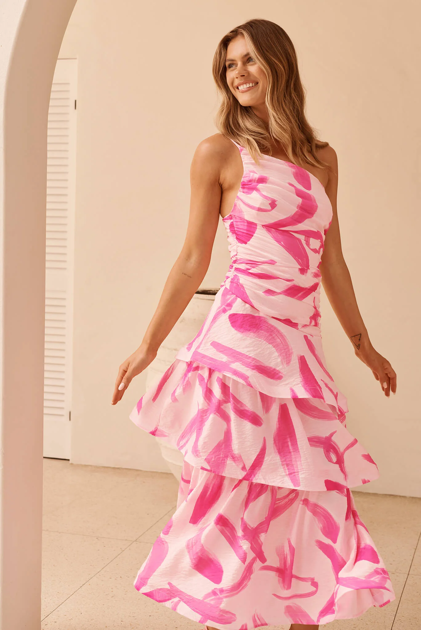 Lena One Shoulder Maxi Dress in Blush with Fuchsia Organza - Image 5