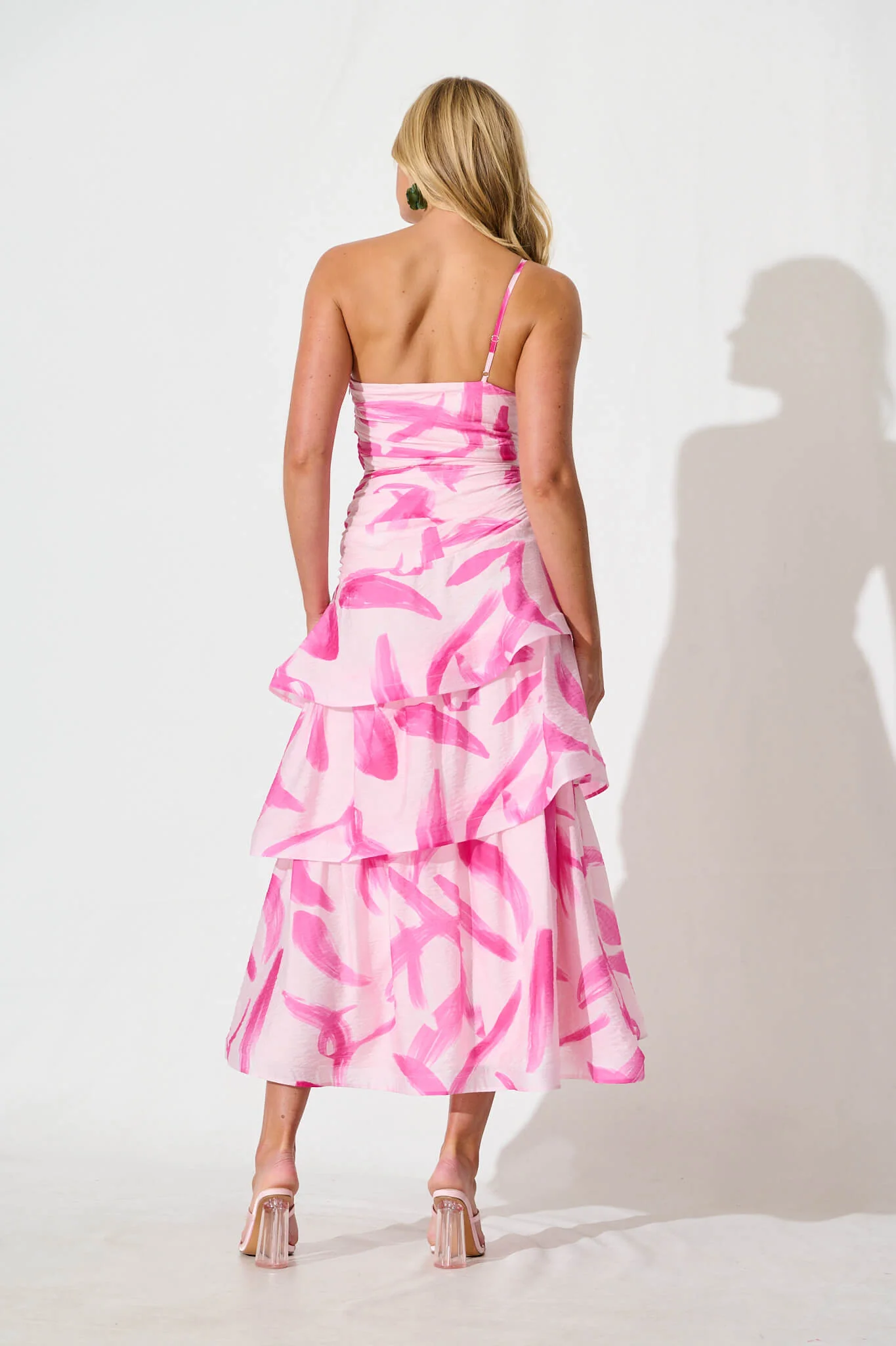 Lena One Shoulder Maxi Dress in Blush with Fuchsia Organza - Image 8
