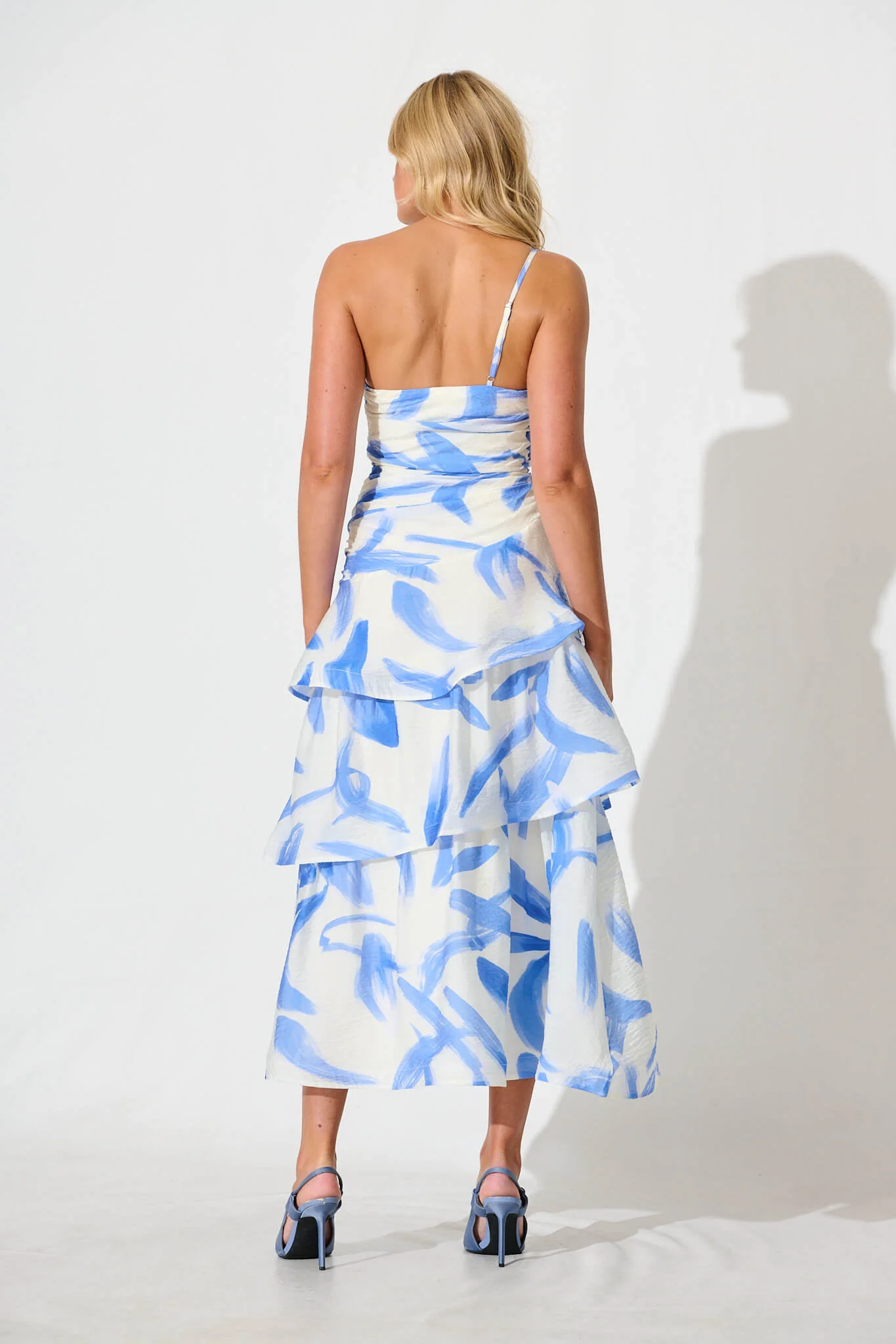Lena One Shoulder Maxi Dress in White with Blue Organza - Image 8