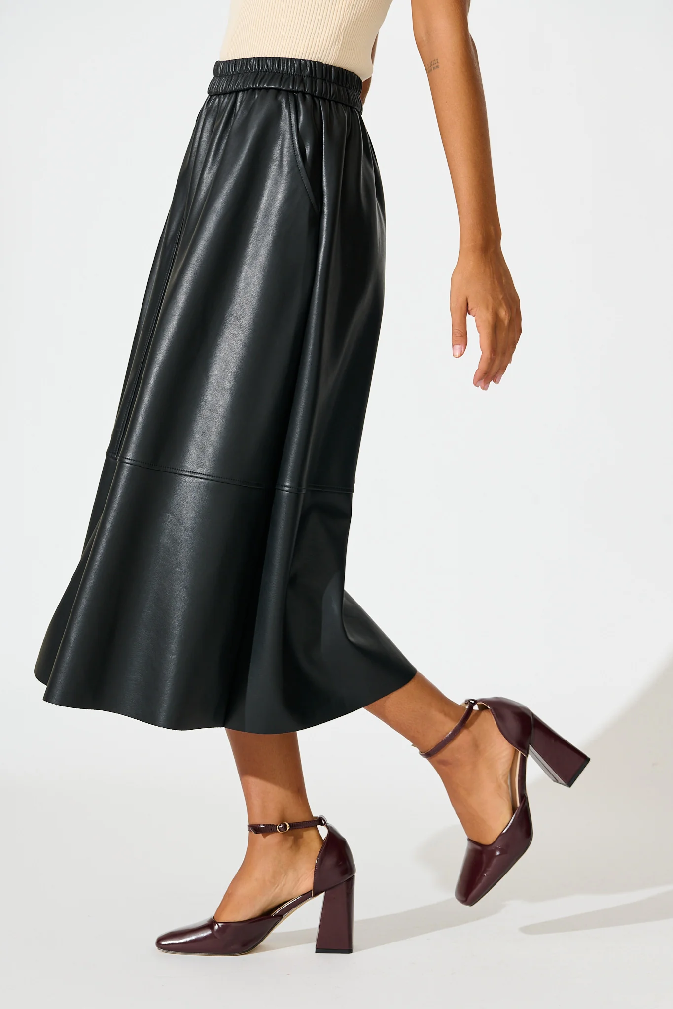 Let It Happen Midi Skirt in Black Leatherette - Image 2