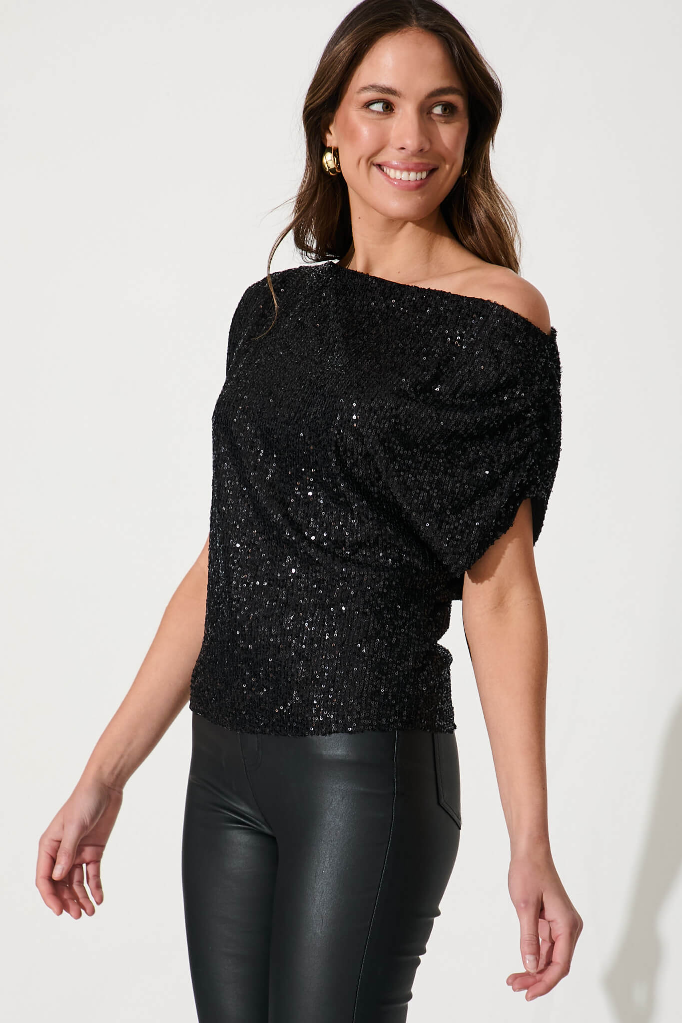 Liana Off Shoulder Top in Black Sequin - Image 2