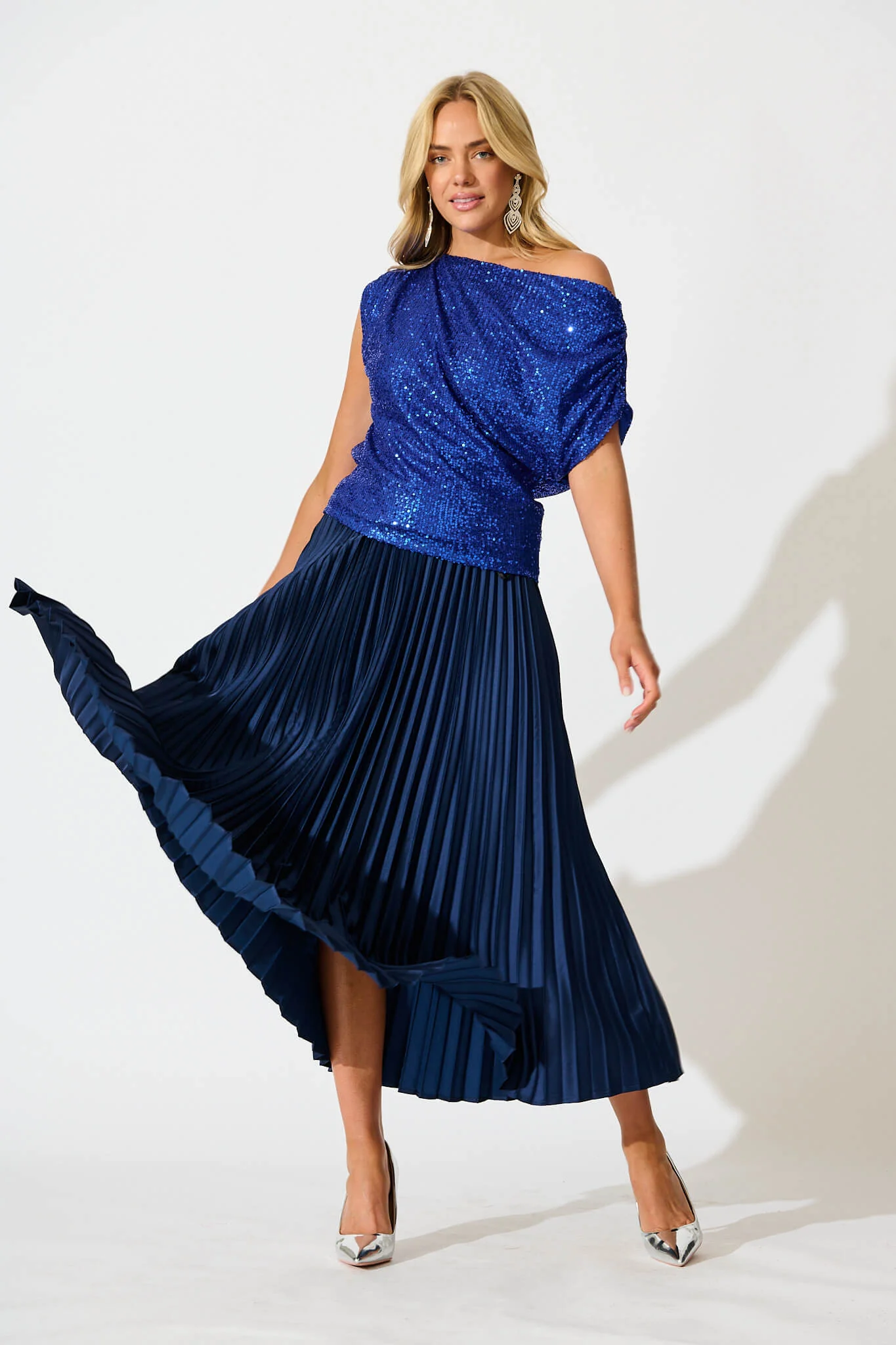 Liana Off Shoulder Top in Cobalt Blue Sequin - Image 4