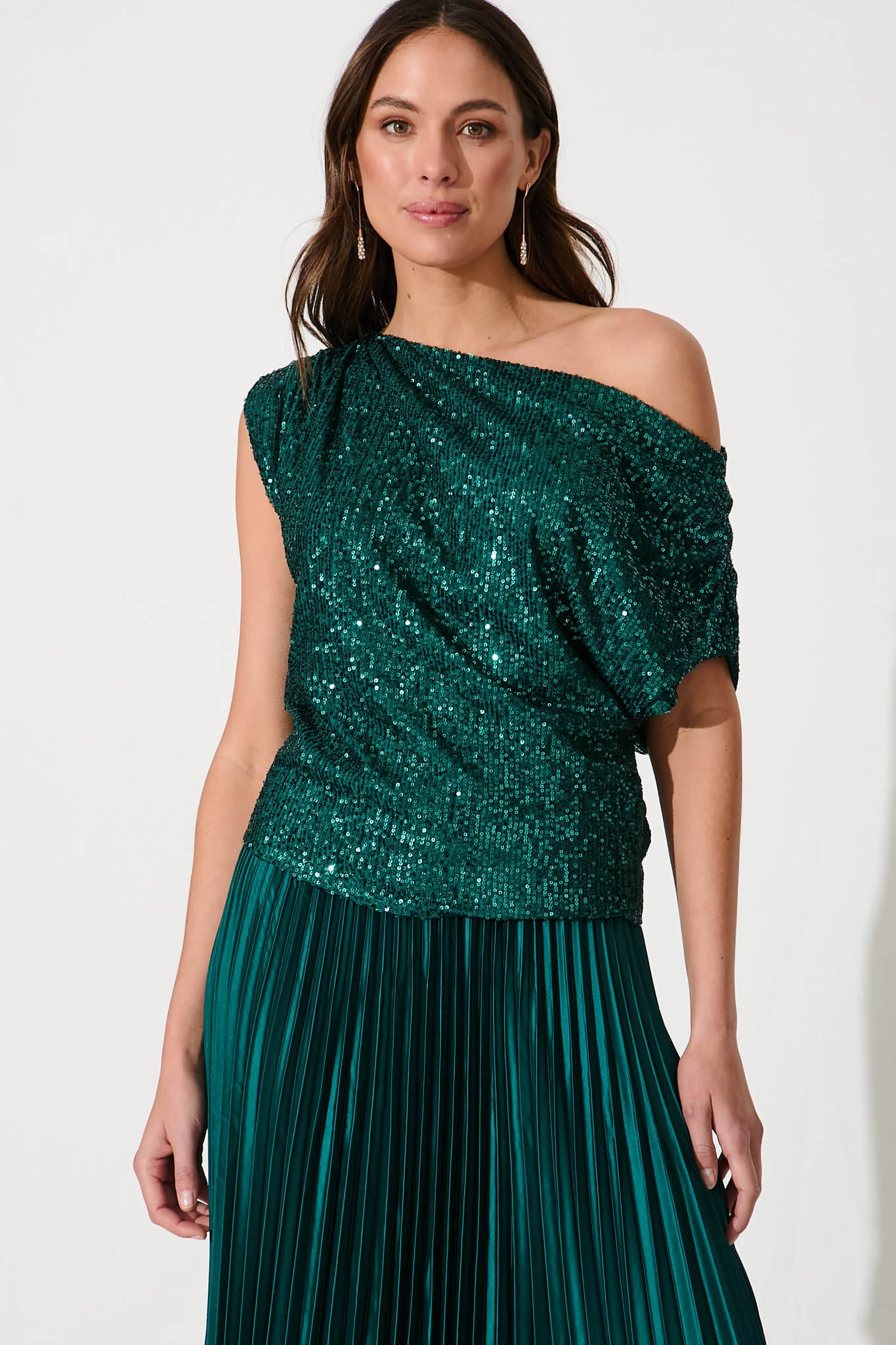 Liana Off Shoulder Top In Emerald Sequin - Image 2