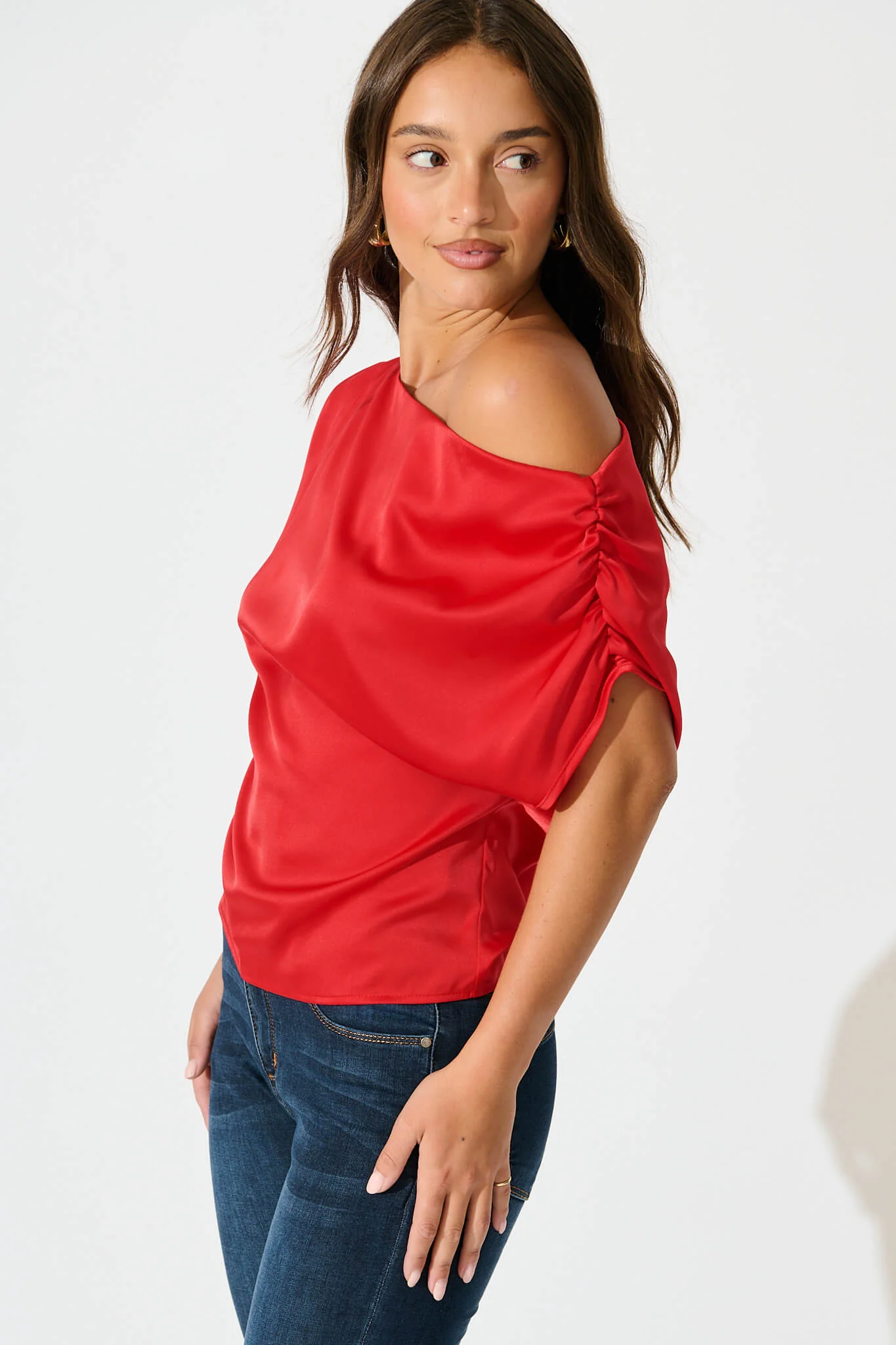 Liana Off Shoulder Top In Red Satin - Image 2