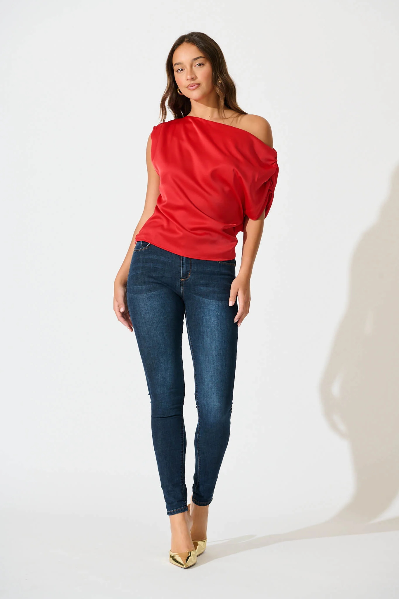Liana Off Shoulder Top In Red Satin - Image 4