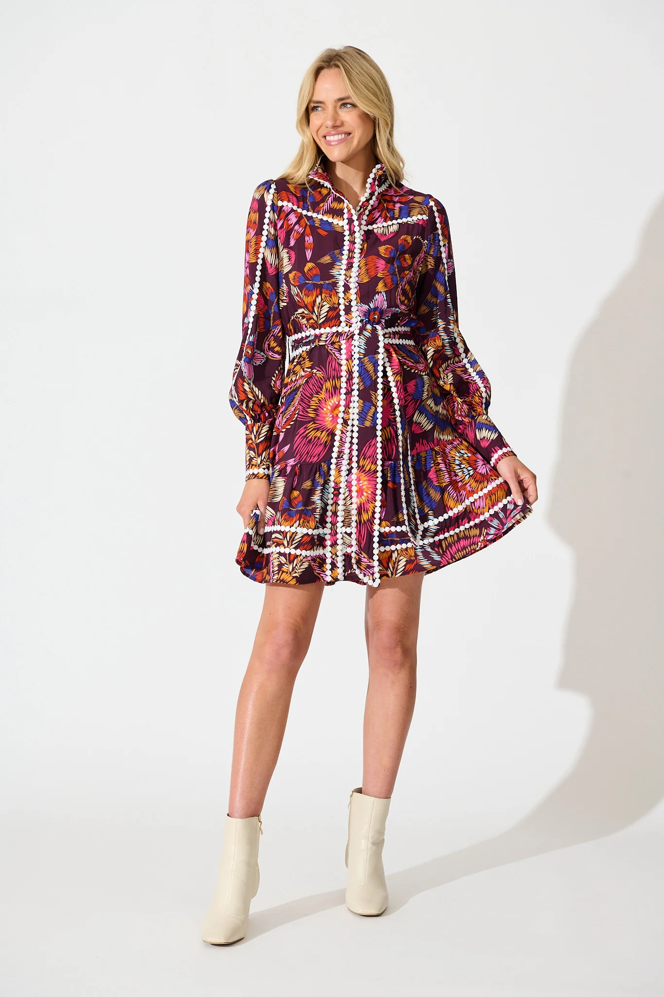 Liberty Dress in Multi Wine Floral with Contrast Trim