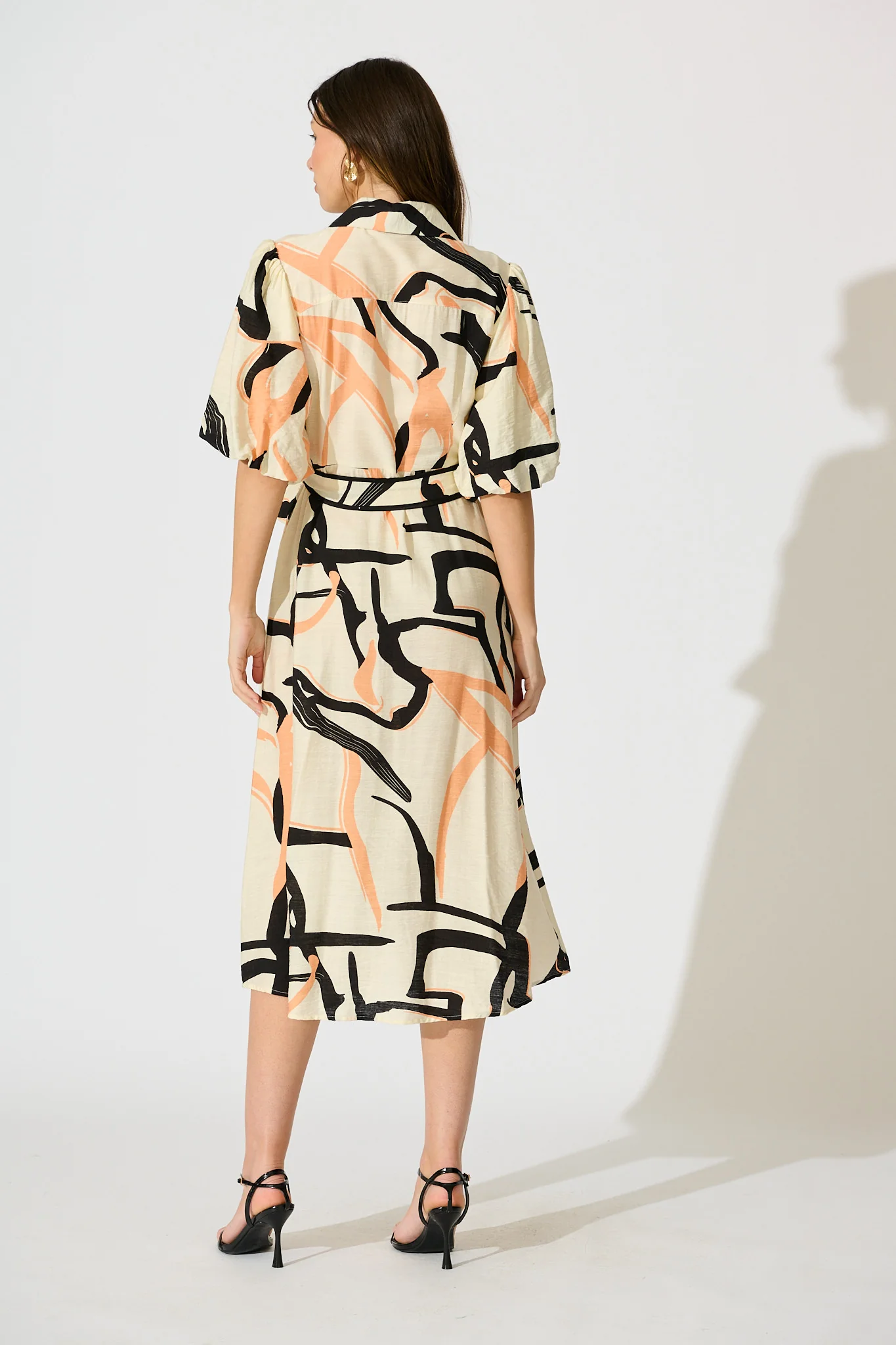 Libra Midi Shirt Dress in Cream with Orange Print - Image 4