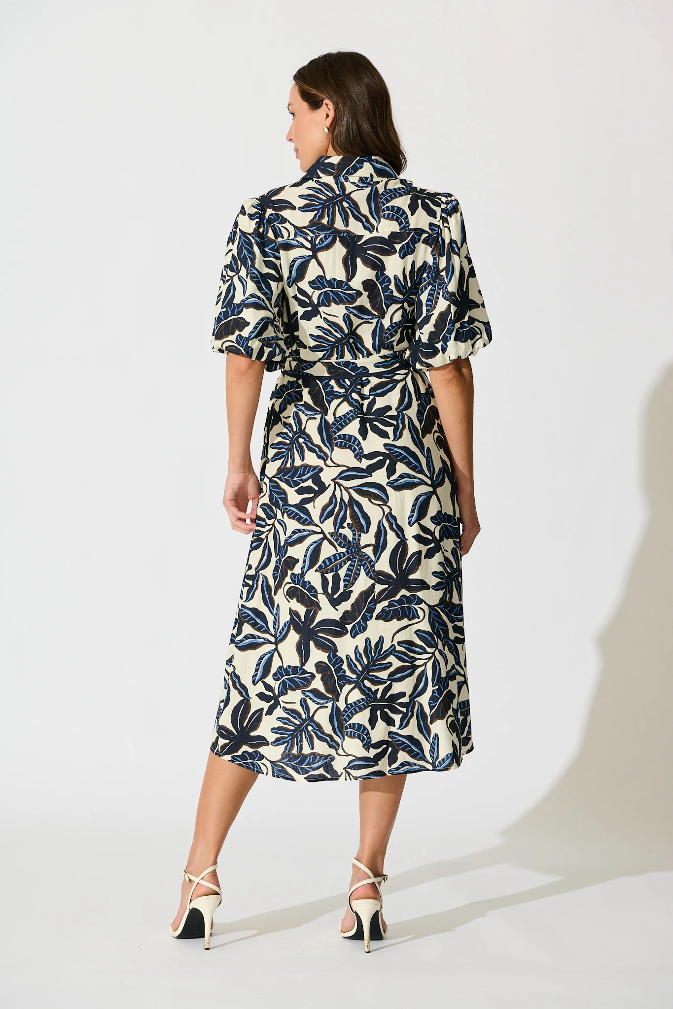 Libra Midi Shirt Dress in Navy and Cream Leaf Linen Blend - Image 4
