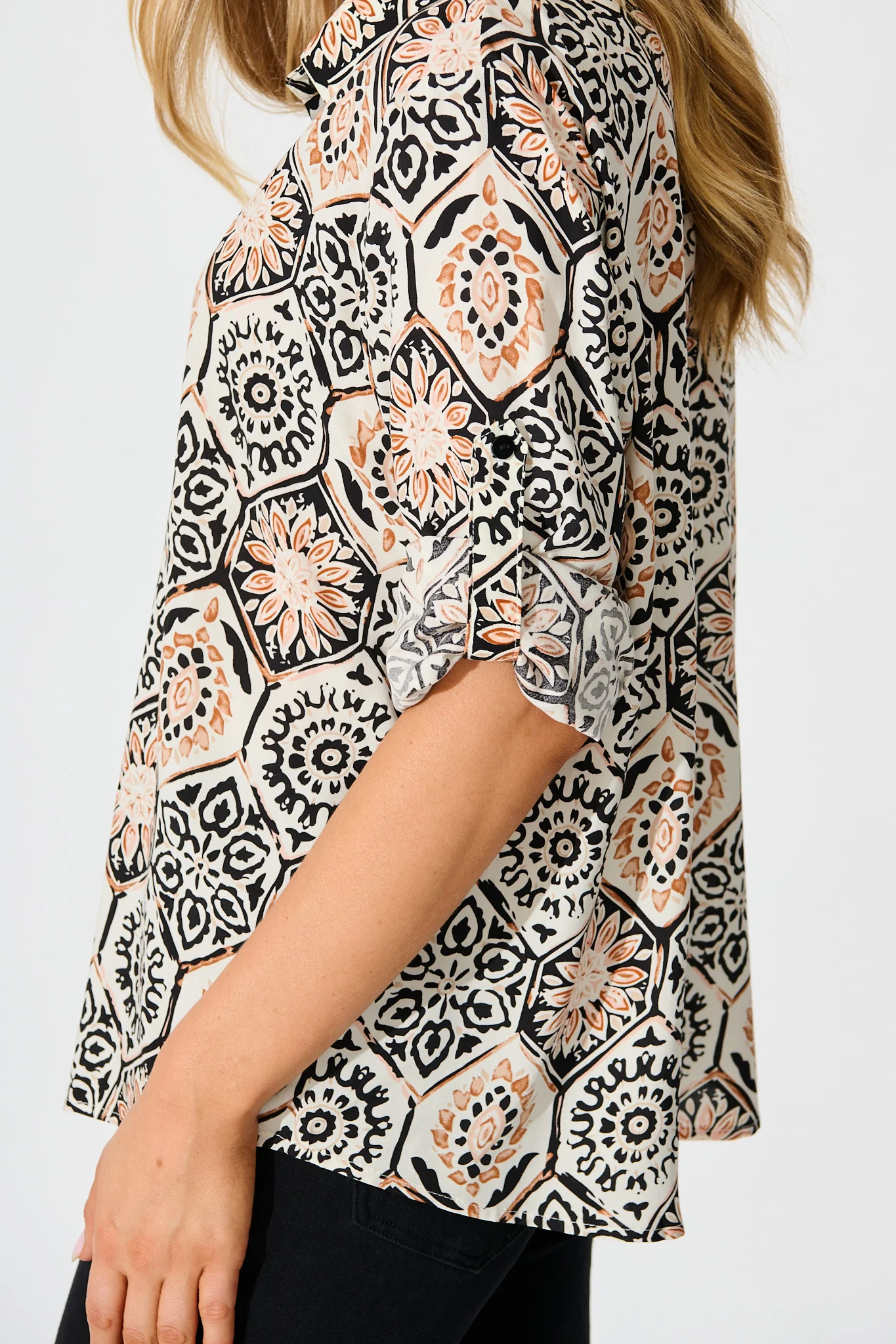 Like a Charm Shirt in Cream With Rust Tile Print - Image 6