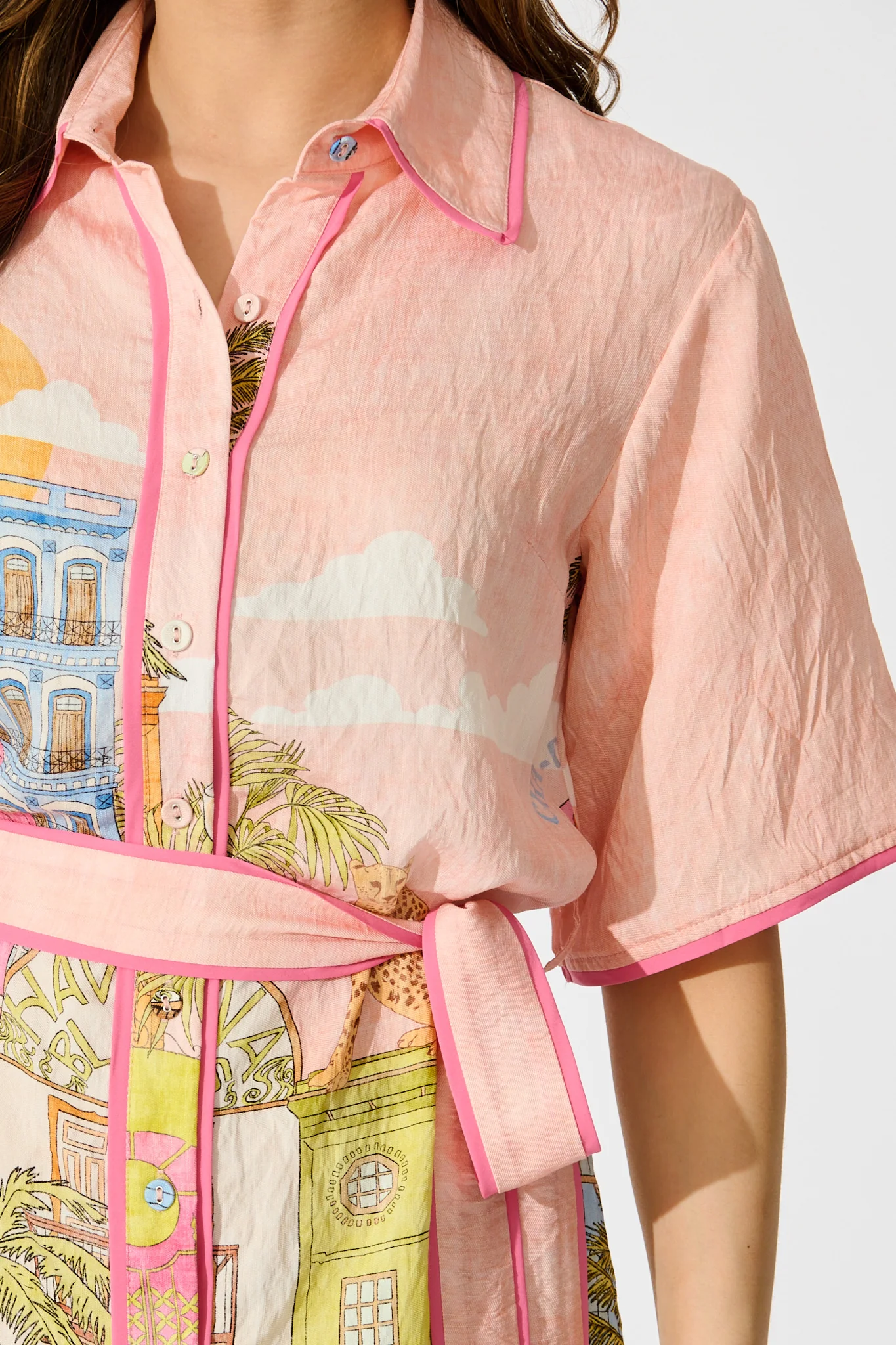 Lila Shirt Dress In In Pink with Tropical City Print - Image 5