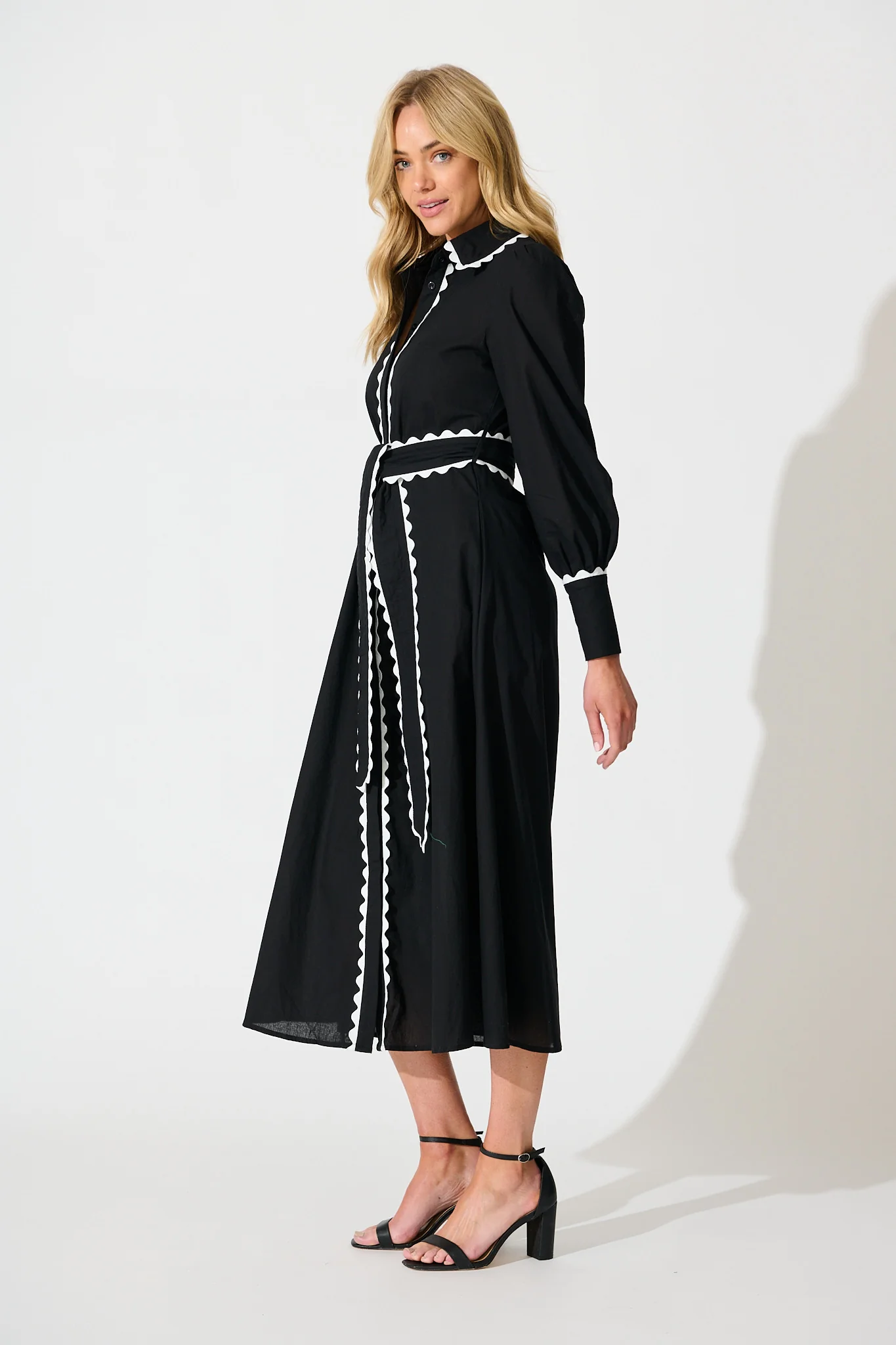 Lilyfield Midi Shirt Dress in Black with Contrast Trim Cotton - Image 3
