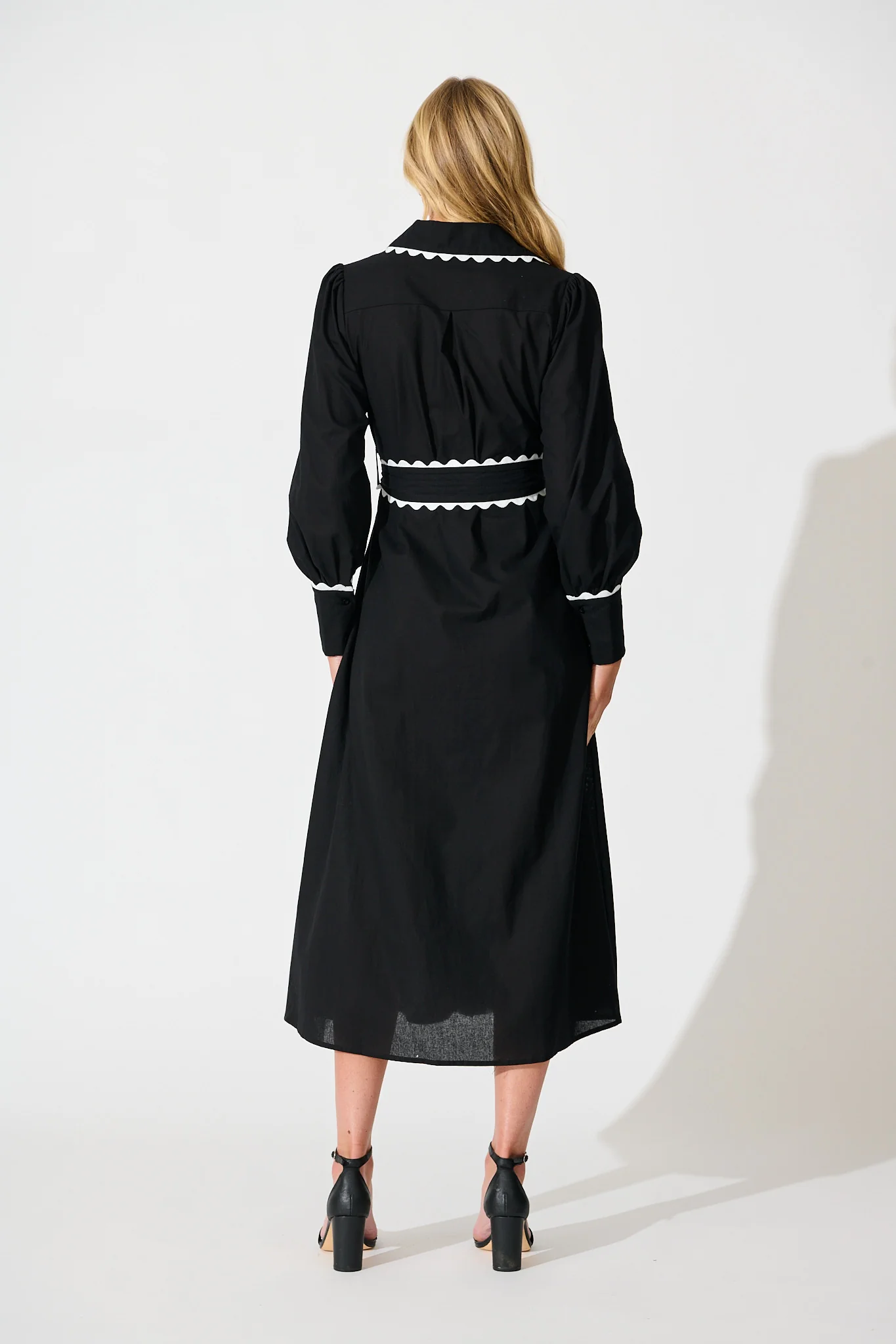 Lilyfield Midi Shirt Dress in Black with Contrast Trim Cotton - Image 4