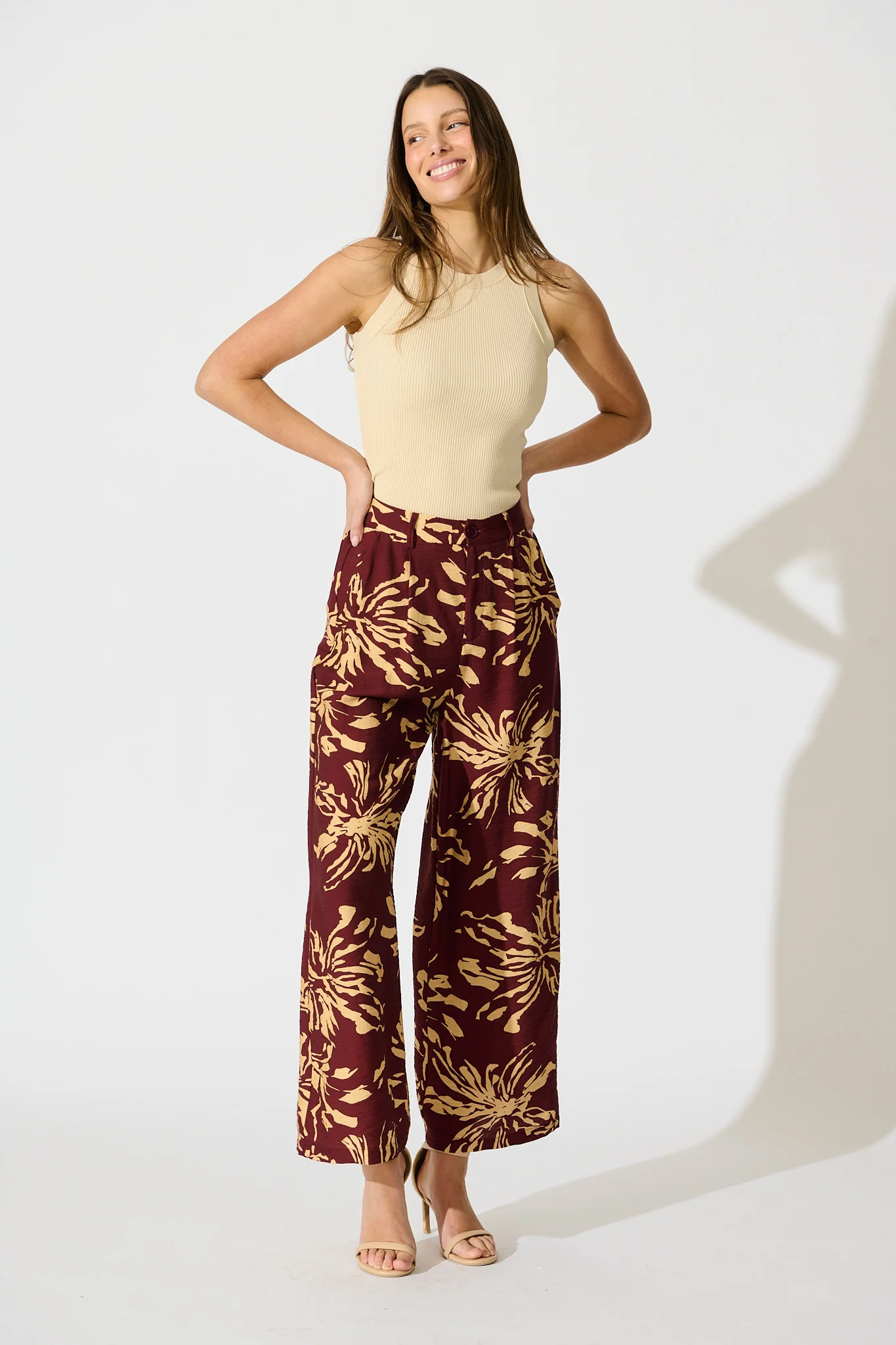 Linear Bloom Pant in Wine with Cream Print - Image 4