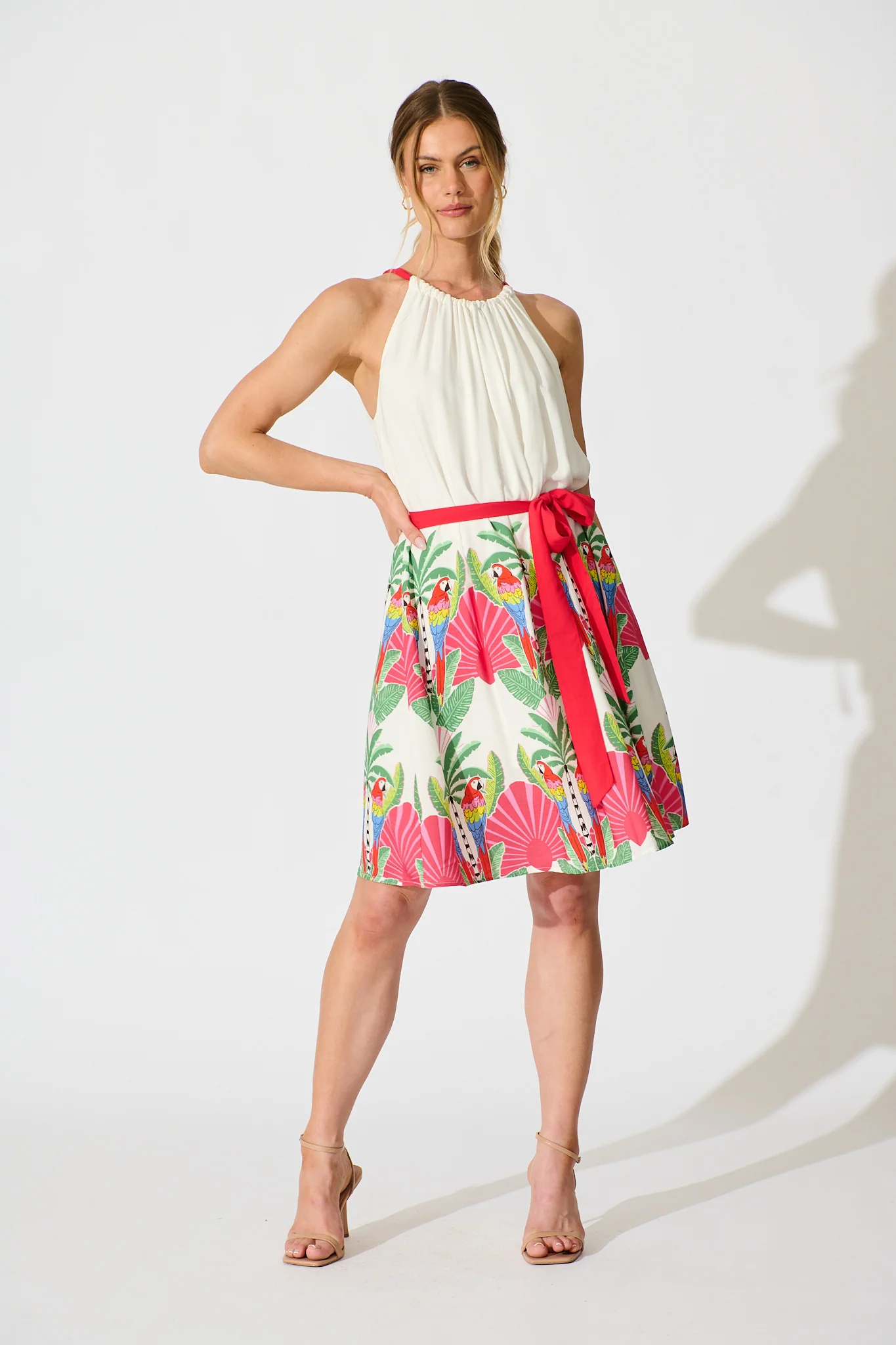 Linley Dress in White with Red Multi Tropical Print