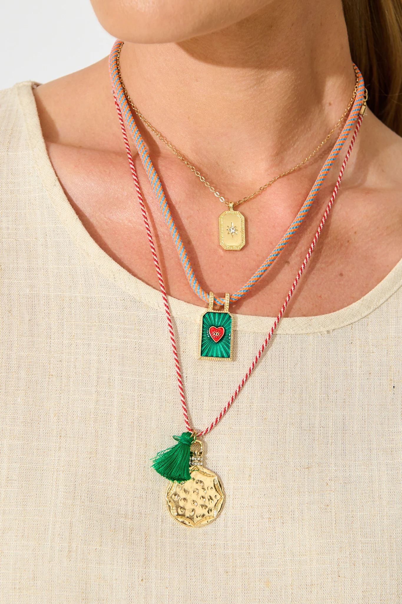 Lola Multi Charm Layered Necklace in Multi Green and Gold - Image 7
