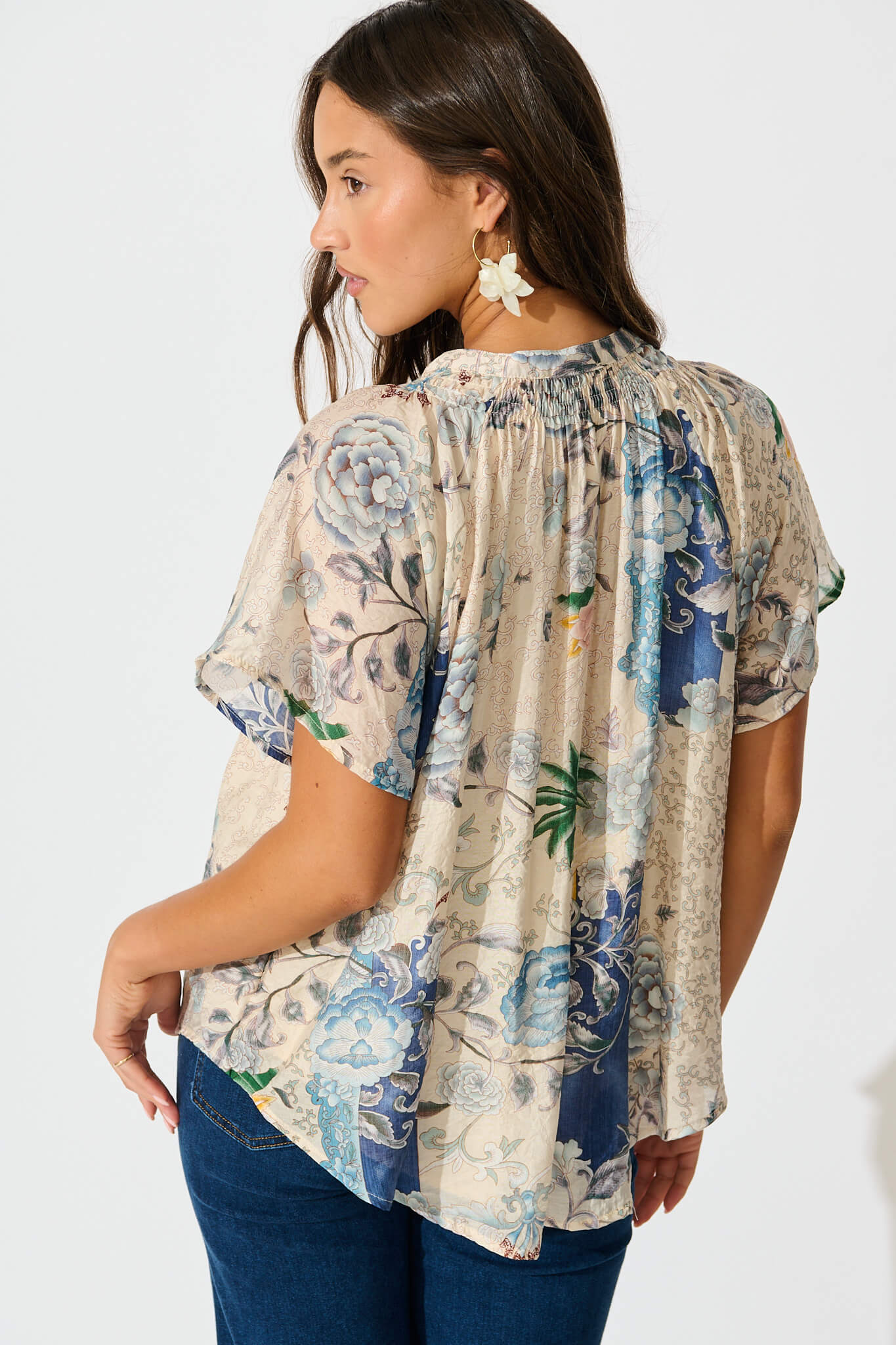Lombard Top in Beige with Blue Multi Floral - Image 3