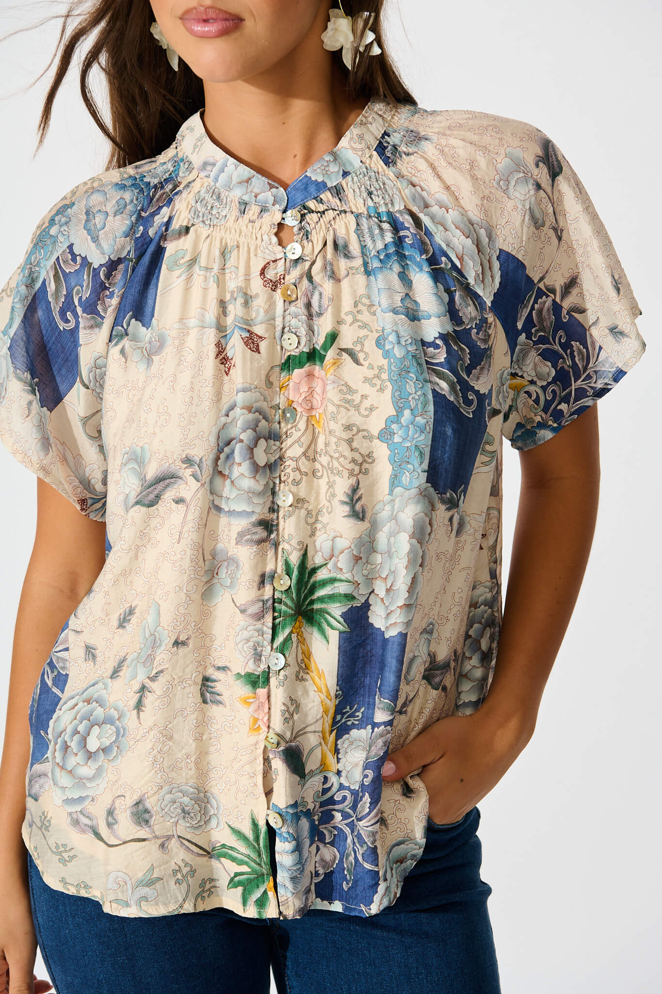Lombard Top in Beige with Blue Multi Floral - Image 5