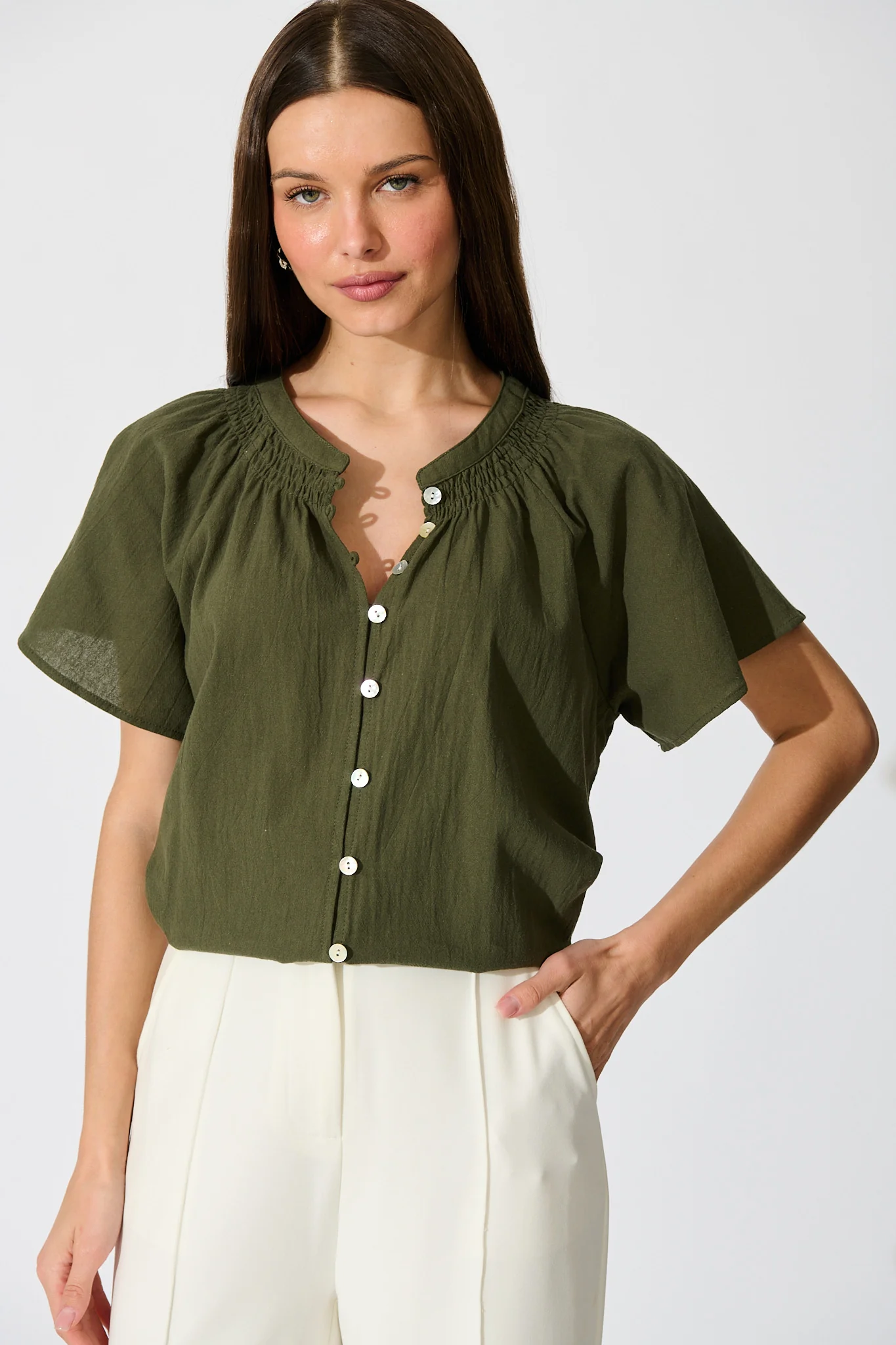 Lombard Top in Khaki Cotton Linen - Image 2