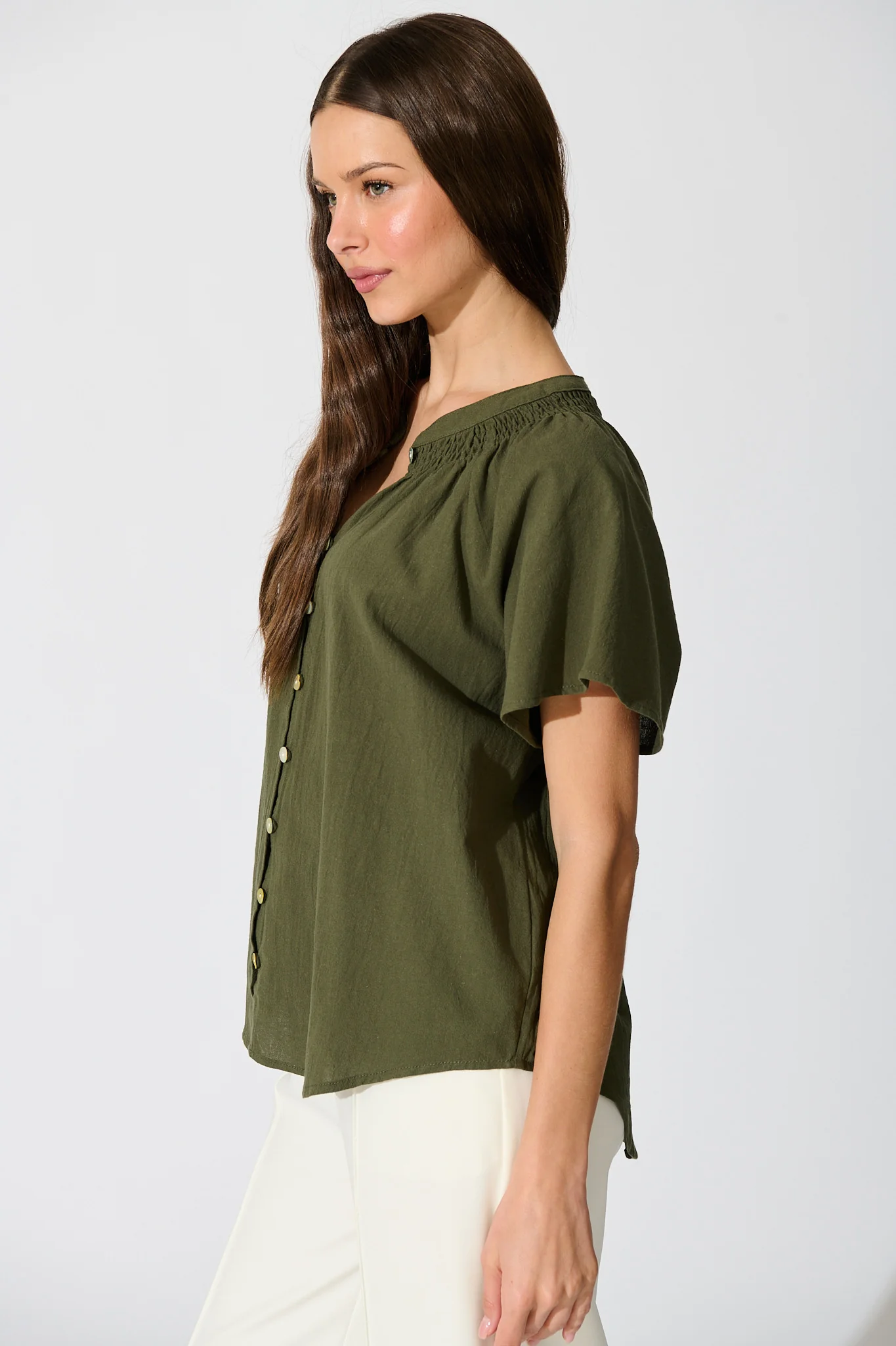 Lombard Top in Khaki Cotton Linen - Image 3