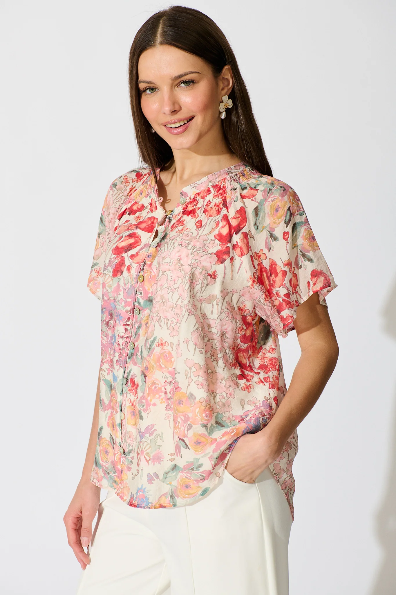 Lombard Top in Red and Multi Floral - Image 2
