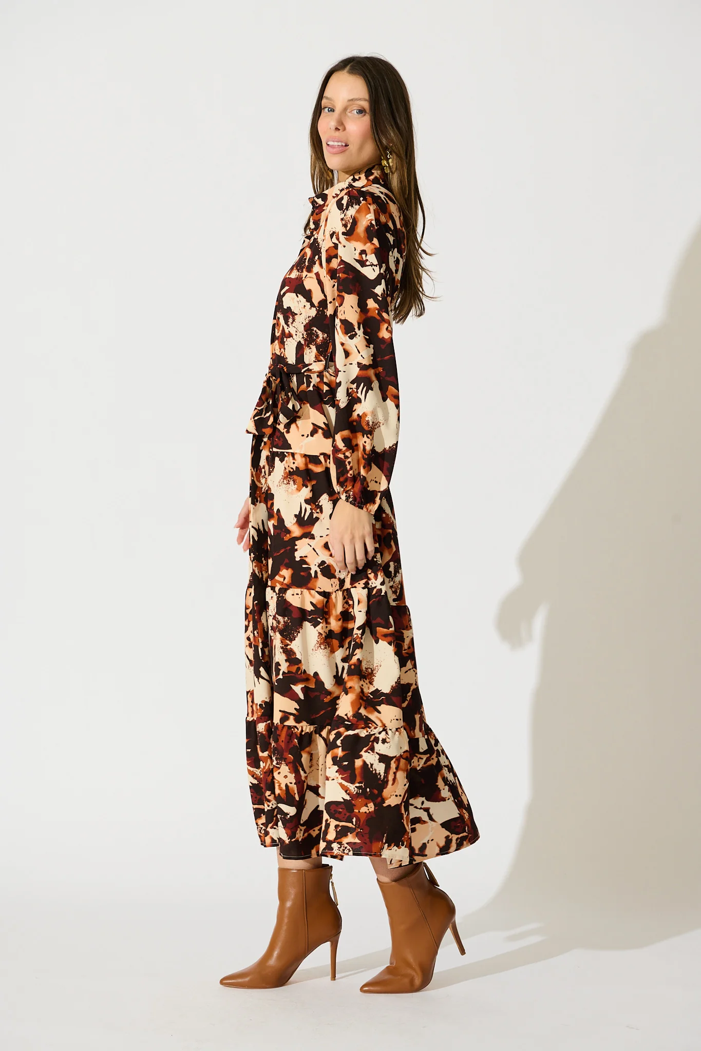 Loop Me Maxi Shirt Dress in Multi Brown Print Satin - Image 3