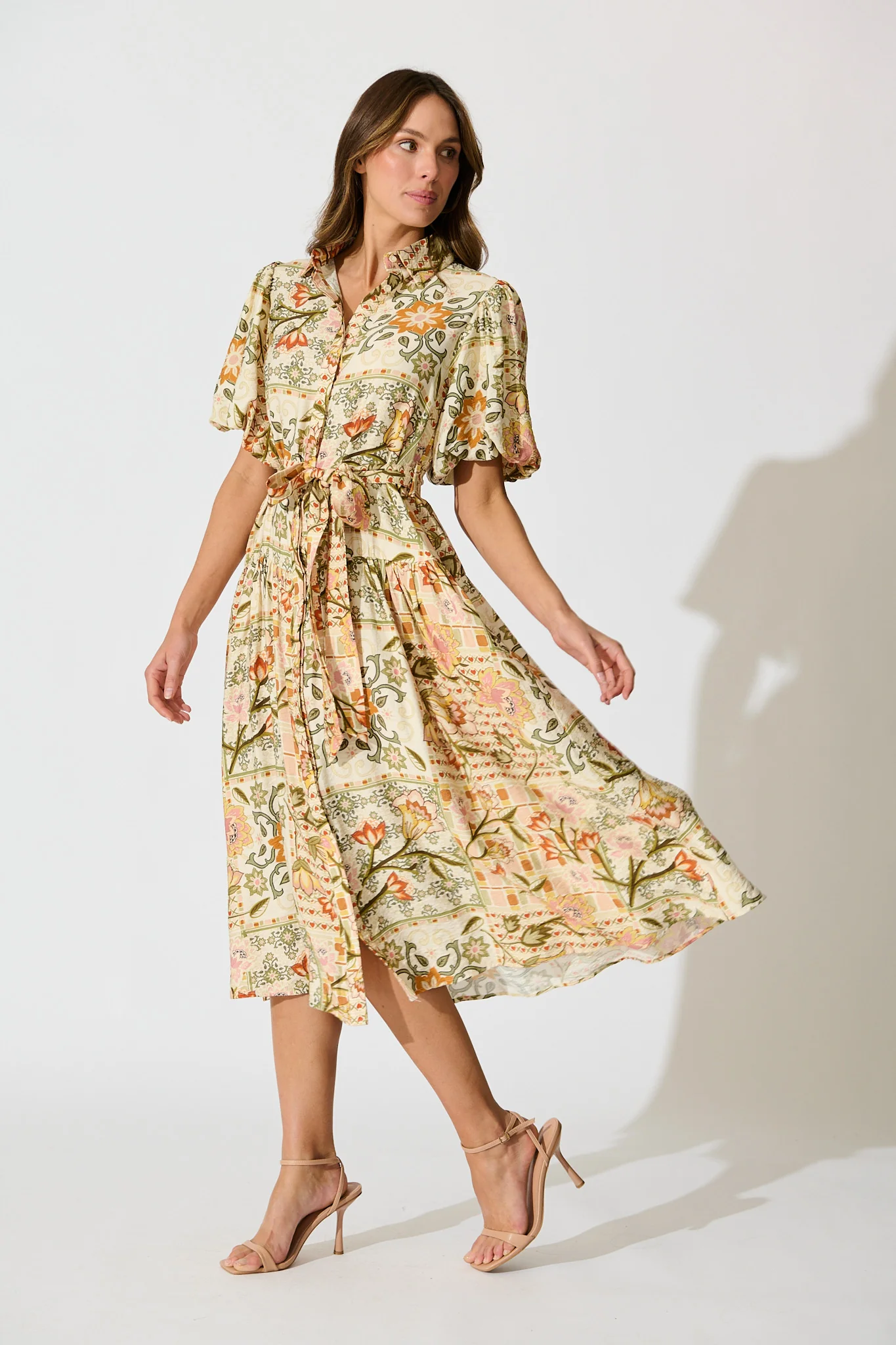 Loralea Midi Shirt Dress in Green with Brown Floral Print - Image 3