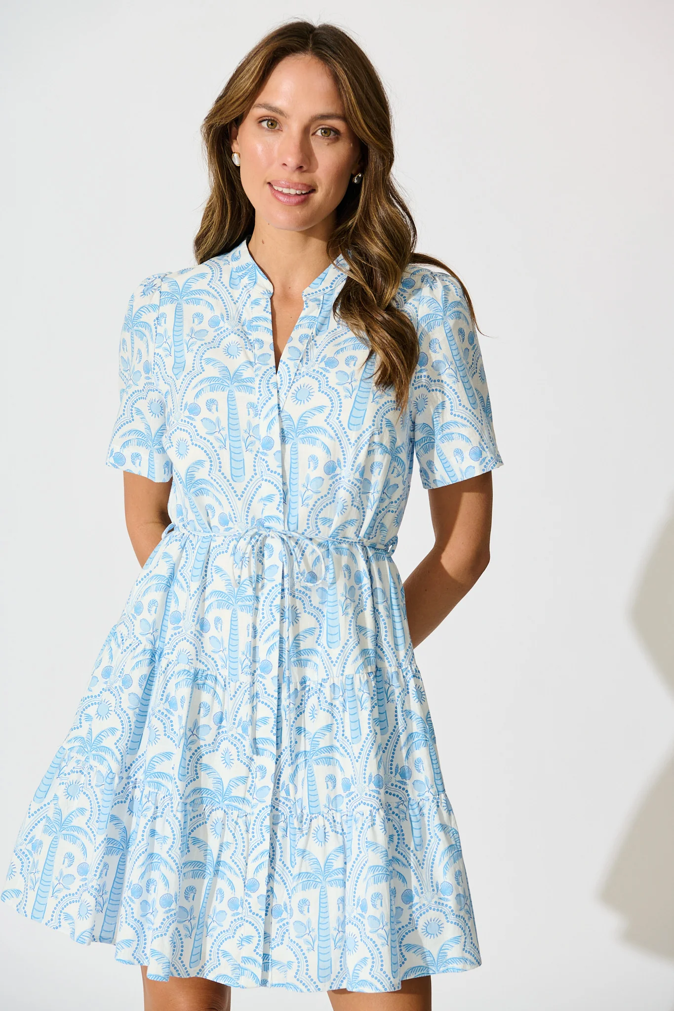 Lorea Dress in White with Blue Tropical Print Cotton - Image 2