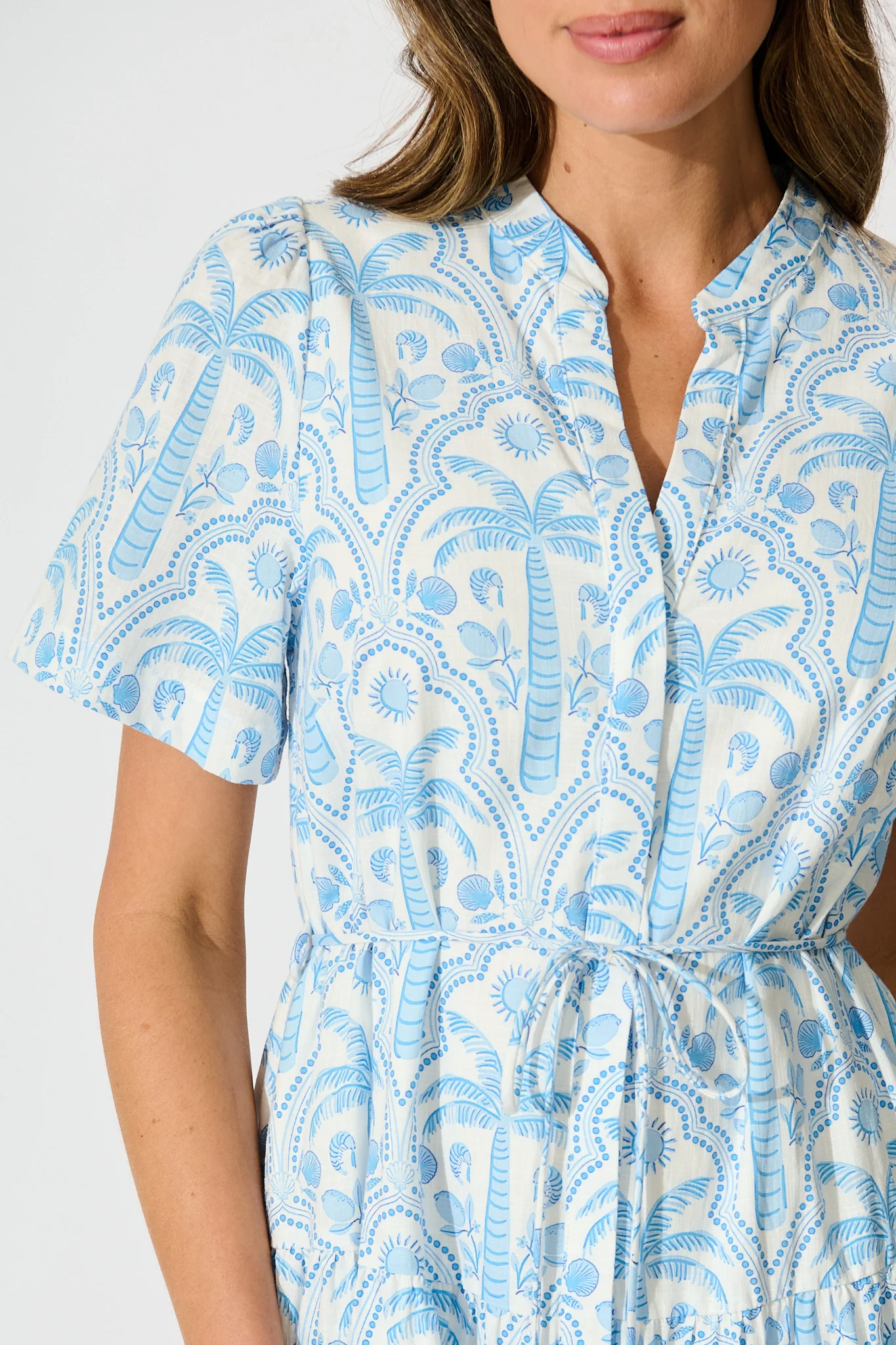Lorea Dress in White with Blue Tropical Print Cotton - Image 5