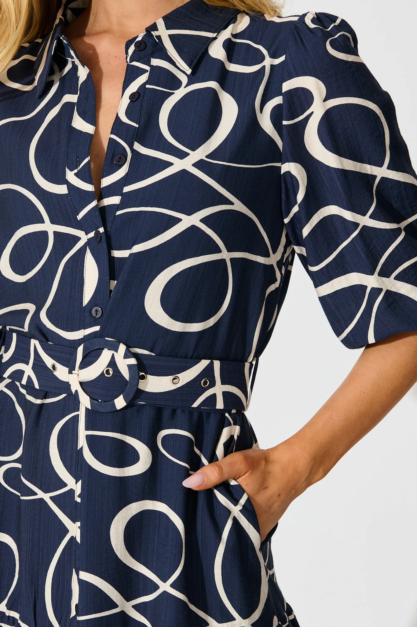 Lorena Shirt Dress in Navy Geometric Print - Image 5