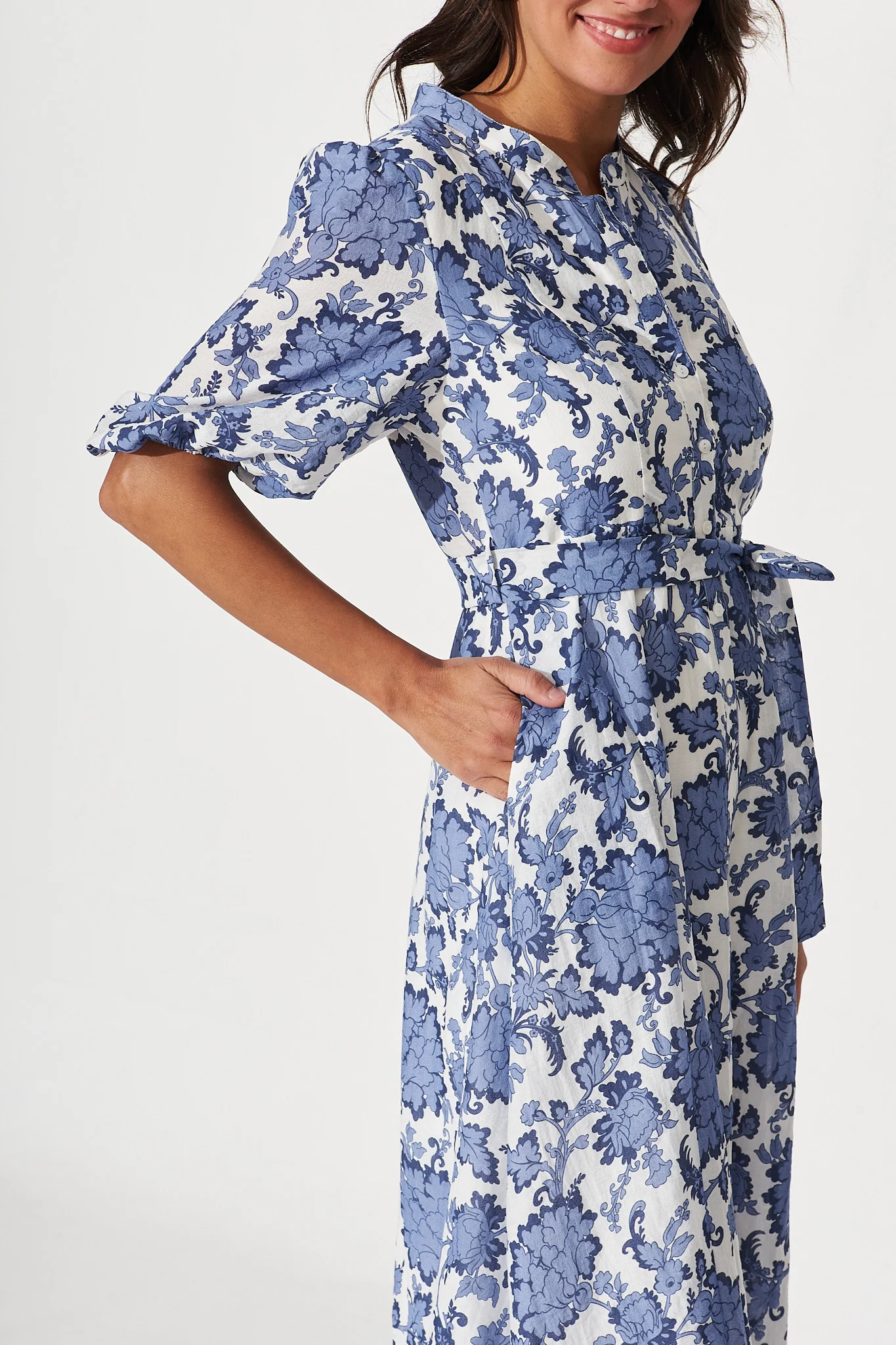 Loriet Maxi Shirt Dress In Blue With White Floral Cotton Blend - Image 5
