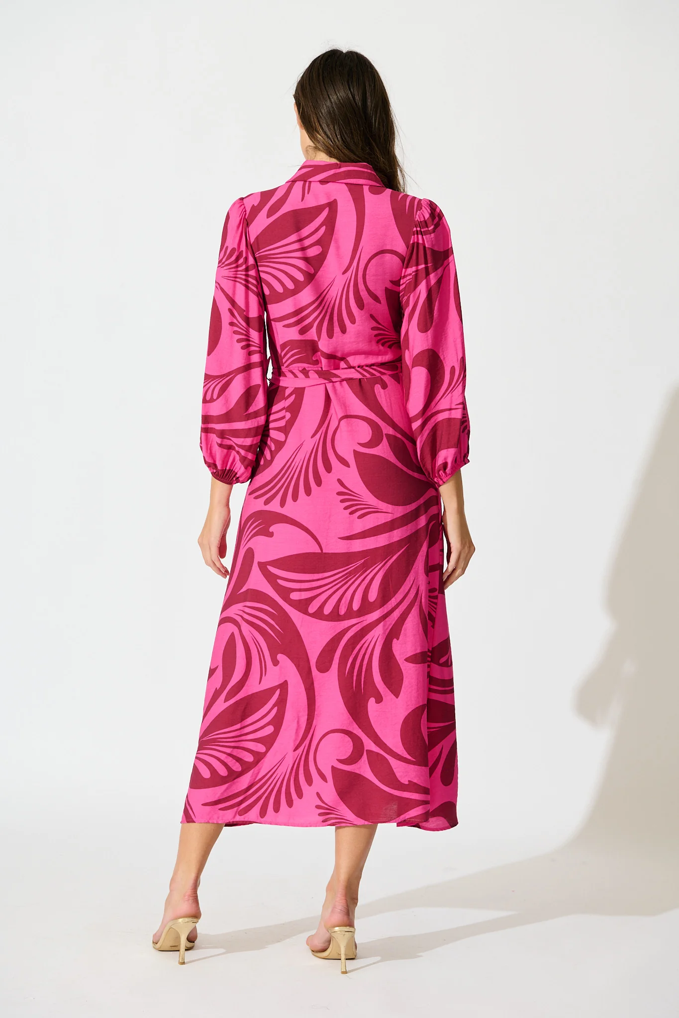 Lorna Maxi Shirt Dress in Pink with Wine Print - Image 8