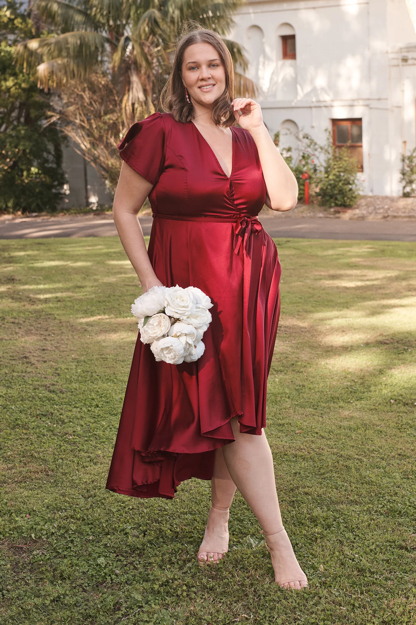 Loulou Maxi Dress in Wine Satin - Image 3