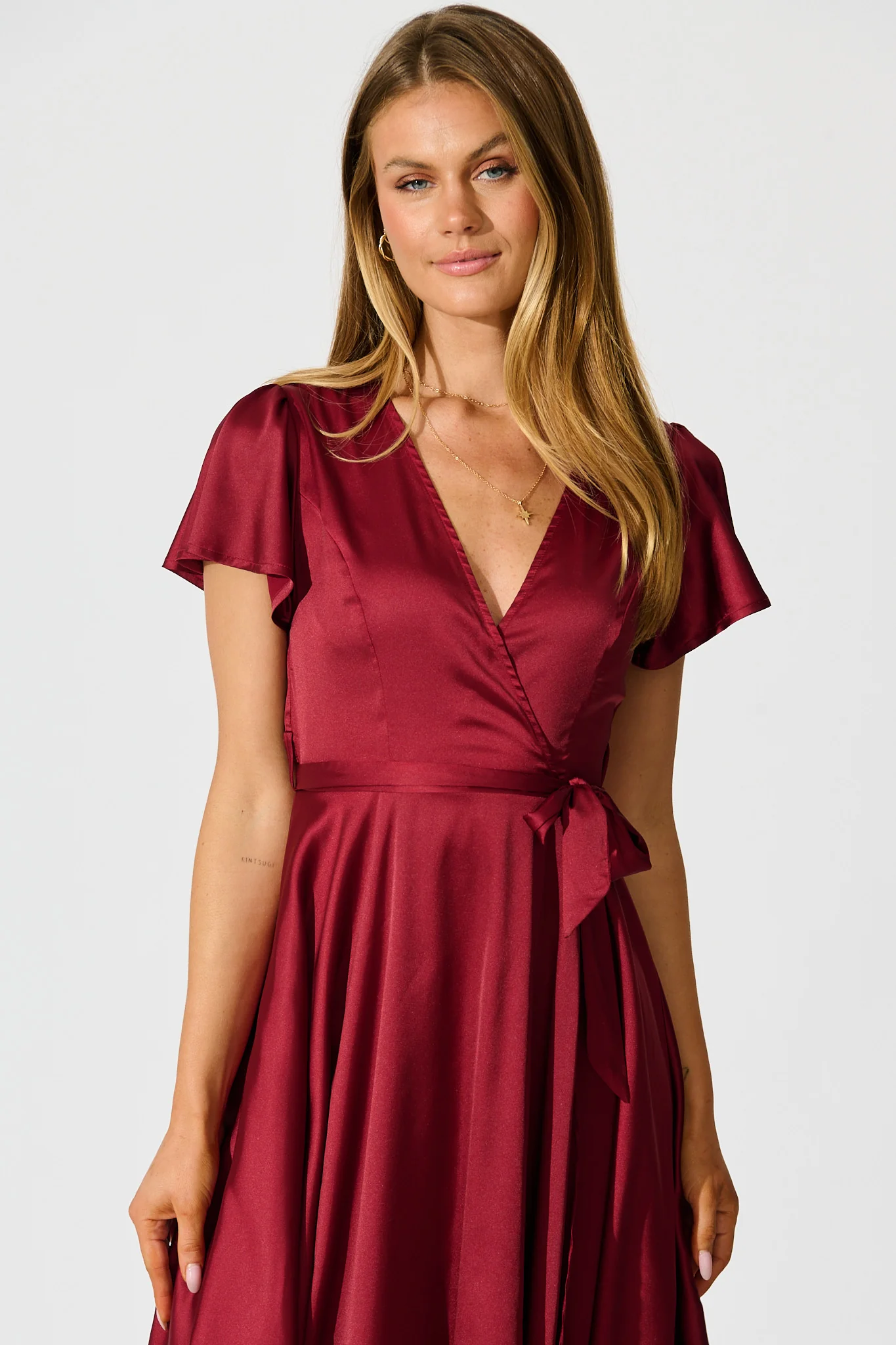 Loulou Maxi Dress in Wine Satin - Image 4