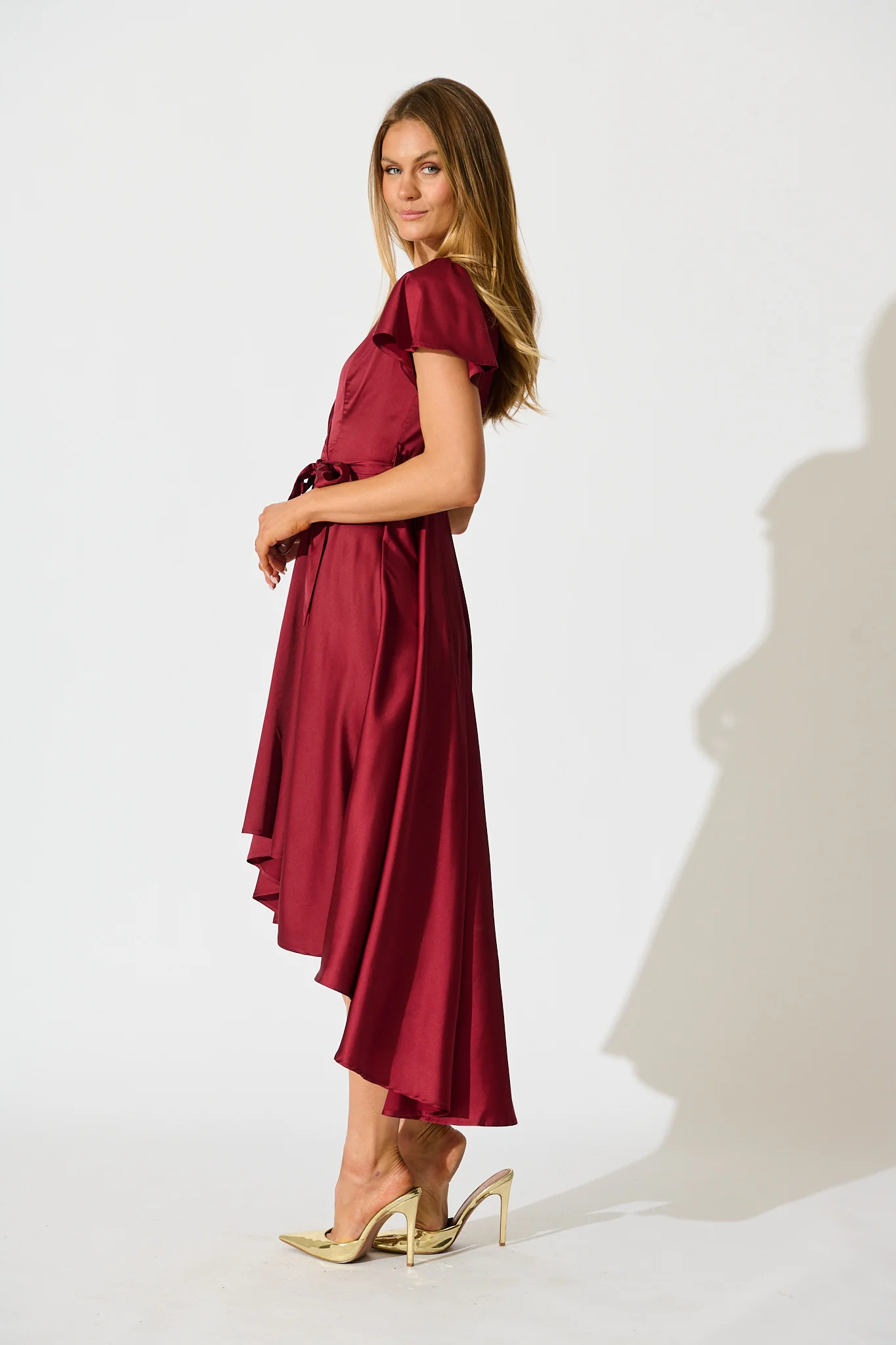 Loulou Maxi Dress in Wine Satin - Image 5
