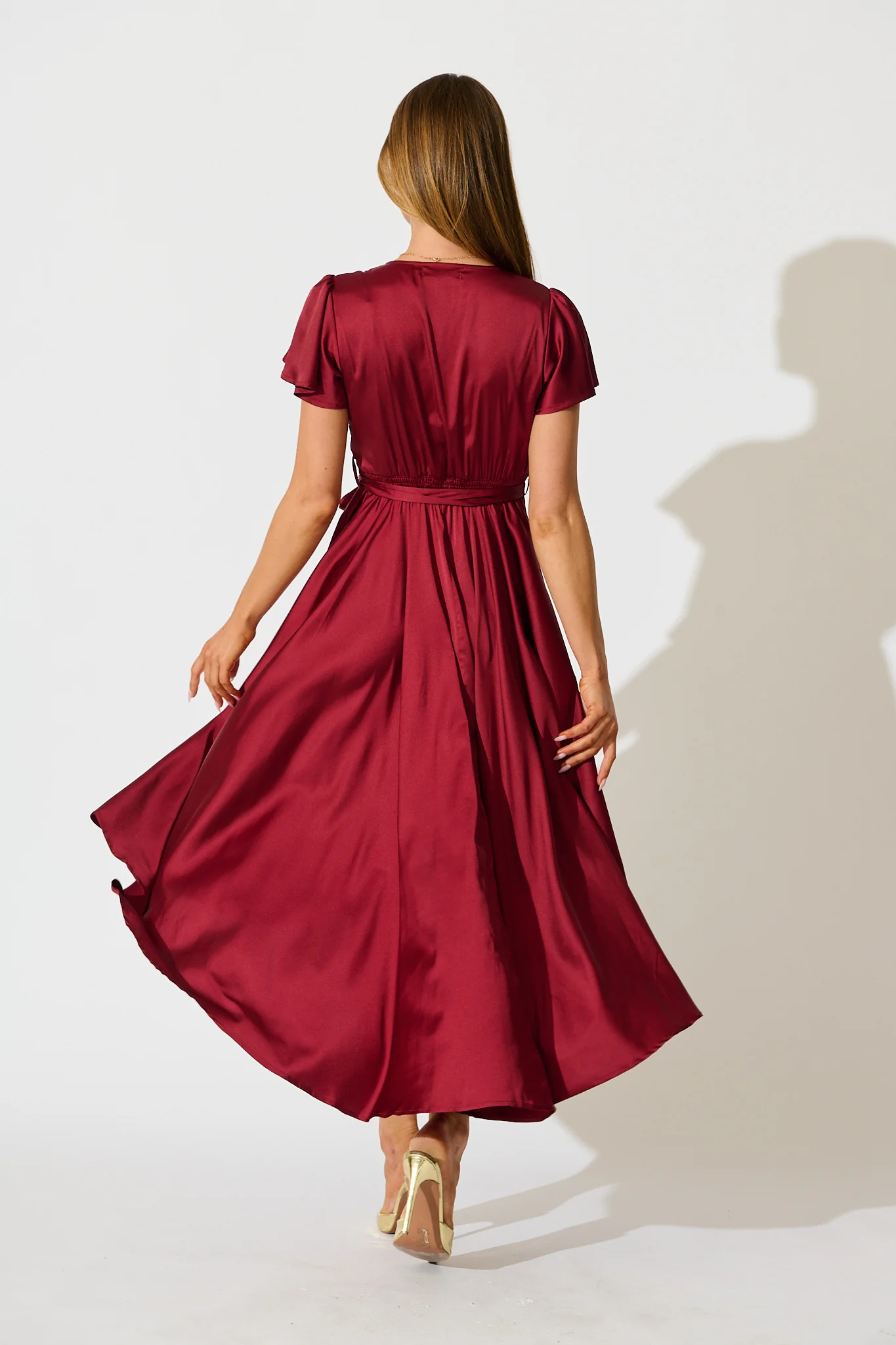 Loulou Maxi Dress in Wine Satin - Image 6