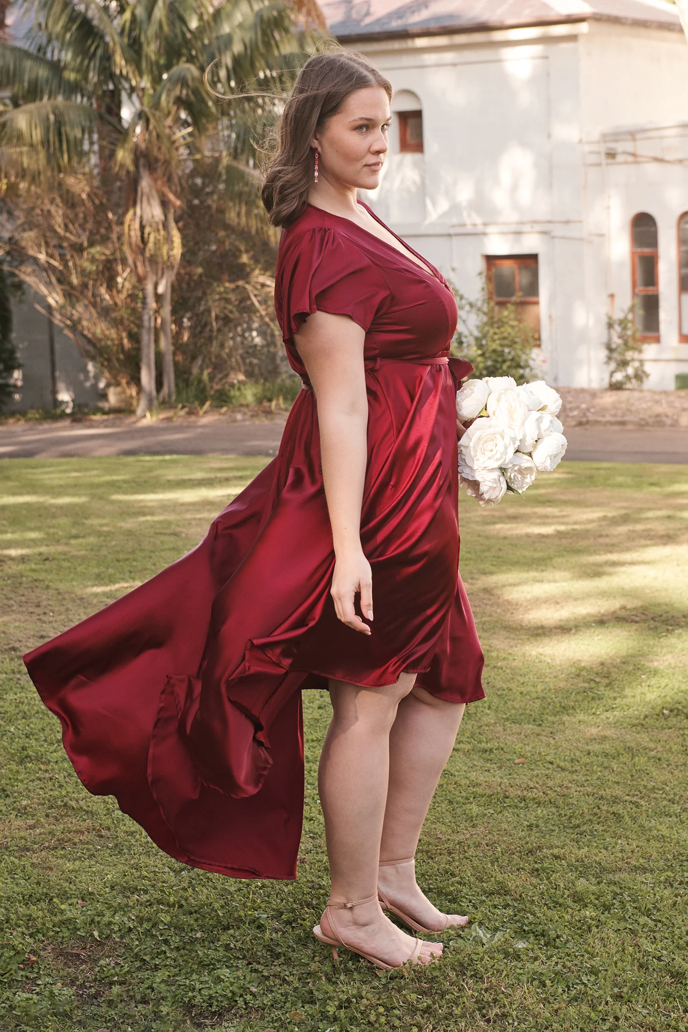 Loulou Maxi Dress in Wine Satin - Image 8