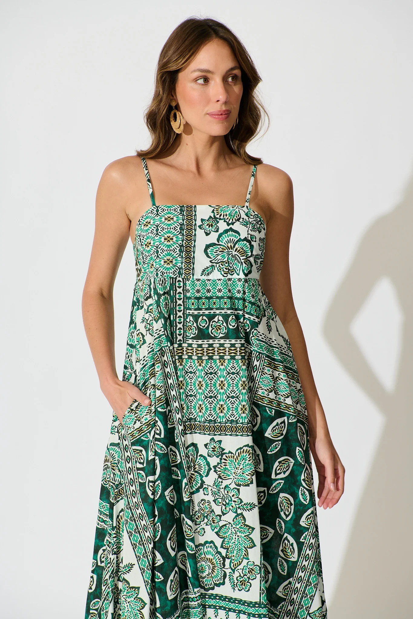 Lova Maxi Sundress in Green and White Patchwork Cotton - Image 2