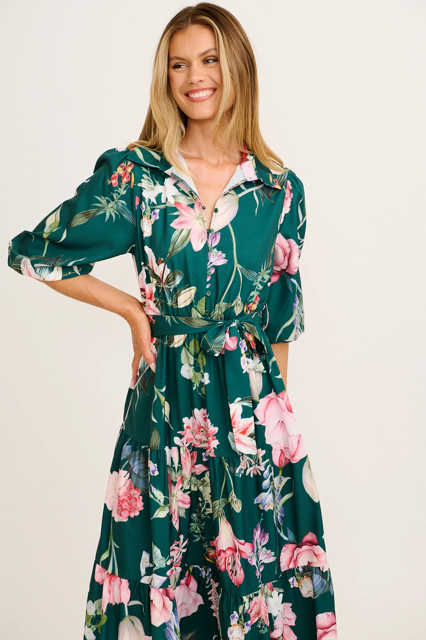 Love Song Maxi Dress in Green with Blush Floral - Image 2