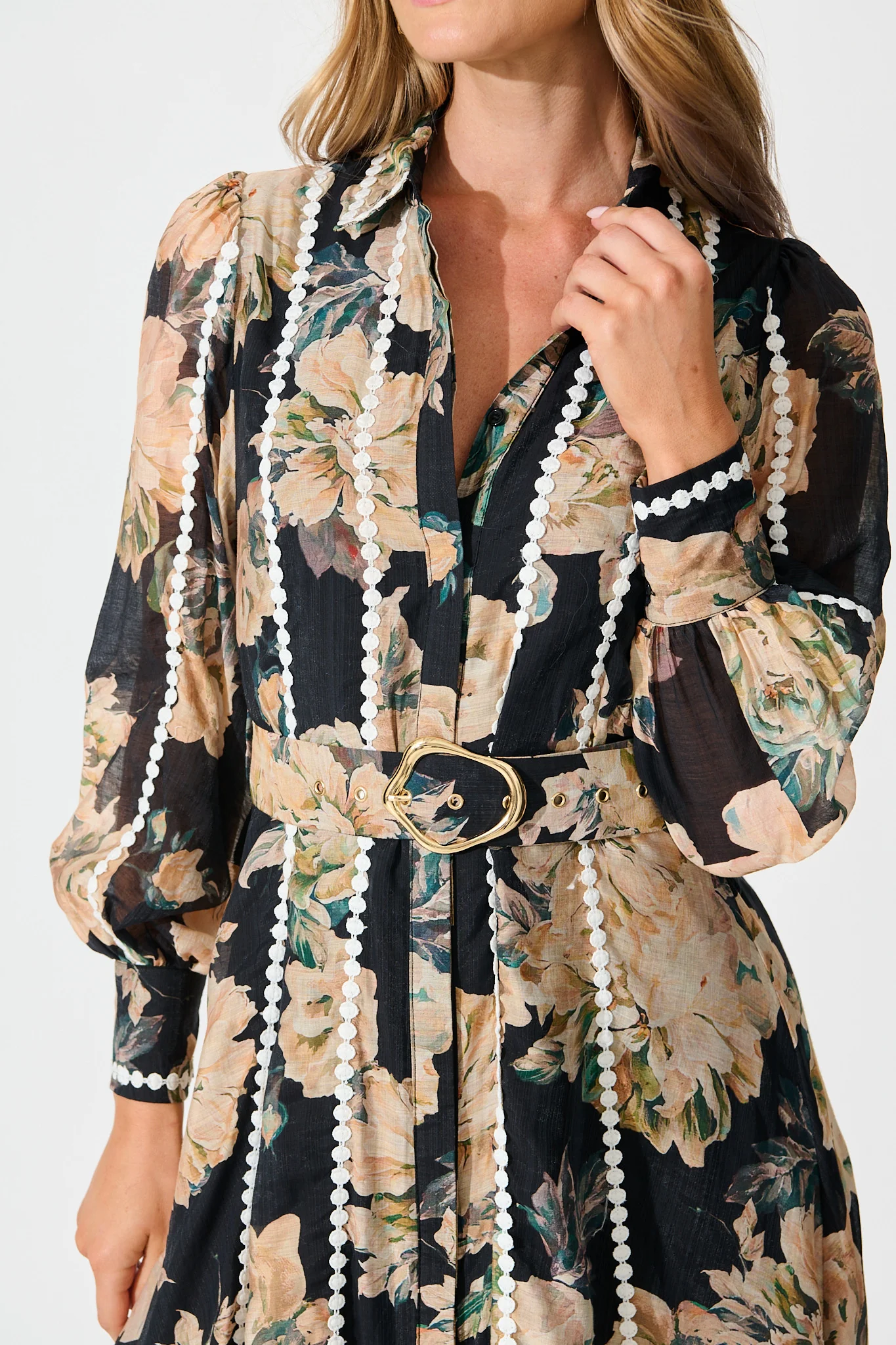 Lovingly Maxi Shirt Dress in Black Floral with Contrast Trim - Image 5