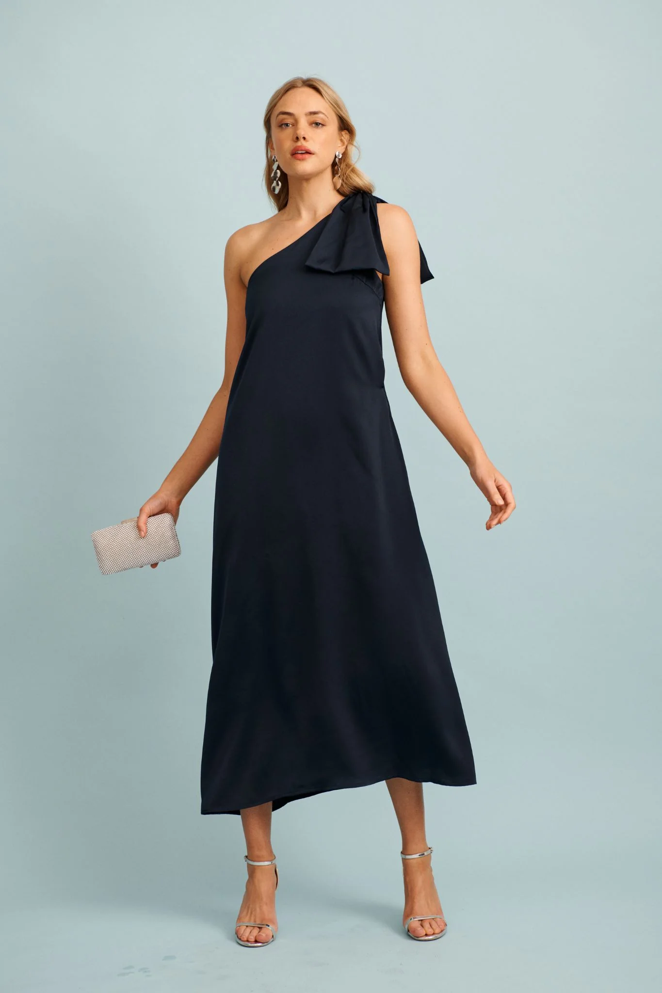 Loyality One Shoulder Maxi Dress in Navy Satin