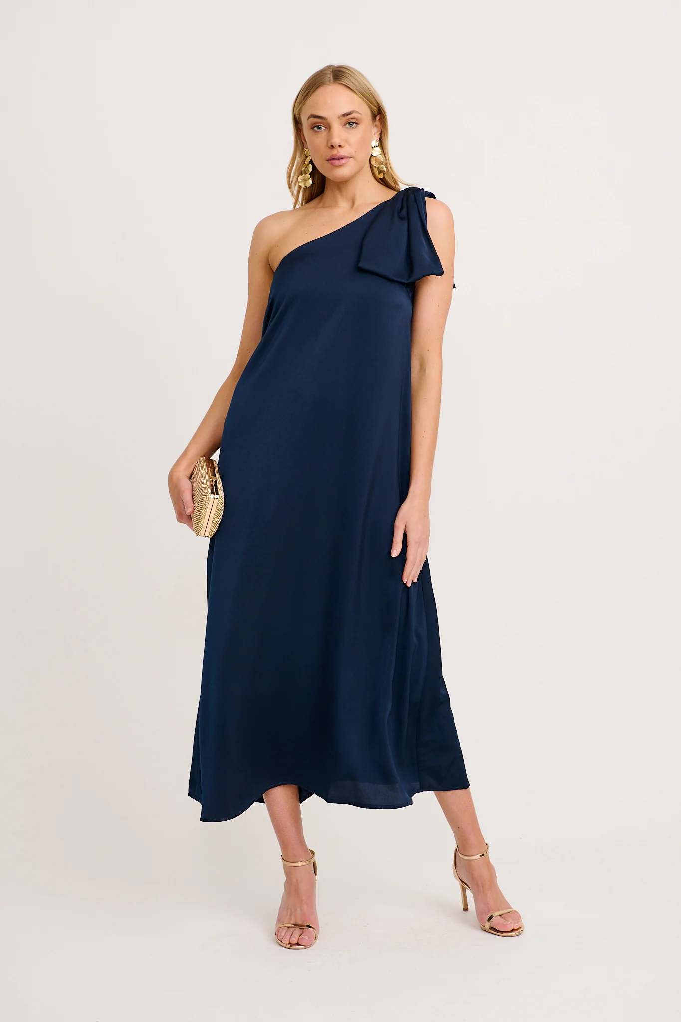 Loyality One Shoulder Maxi Dress in Navy Satin - Image 3