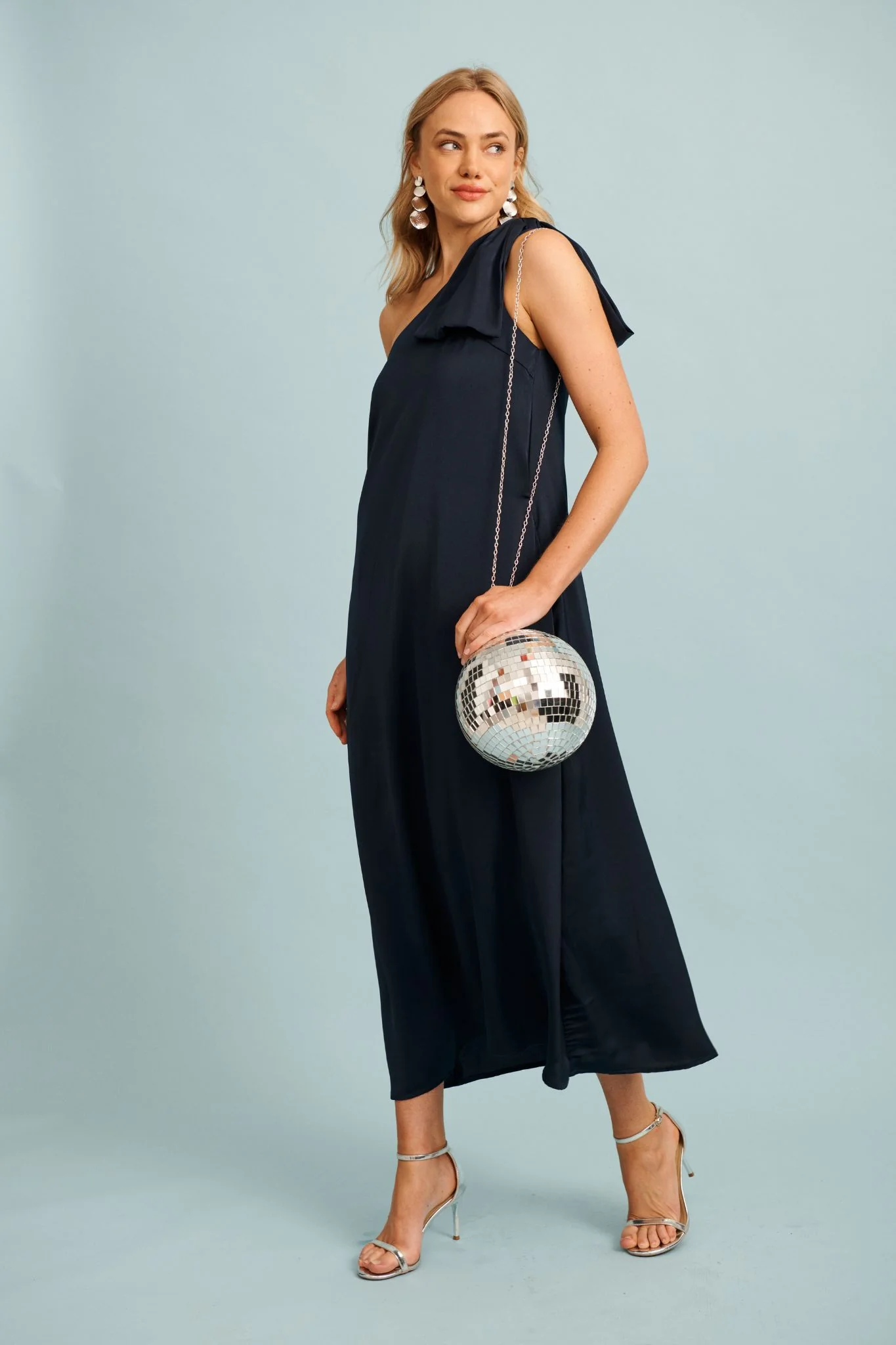 Loyality One Shoulder Maxi Dress in Navy Satin - Image 4