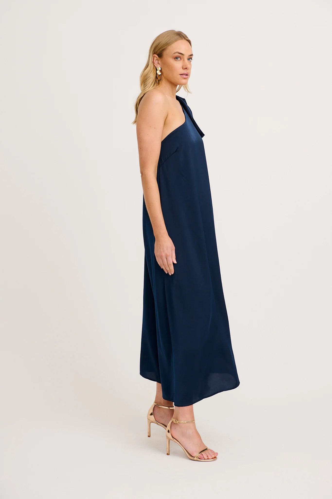 Loyality One Shoulder Maxi Dress in Navy Satin - Image 6