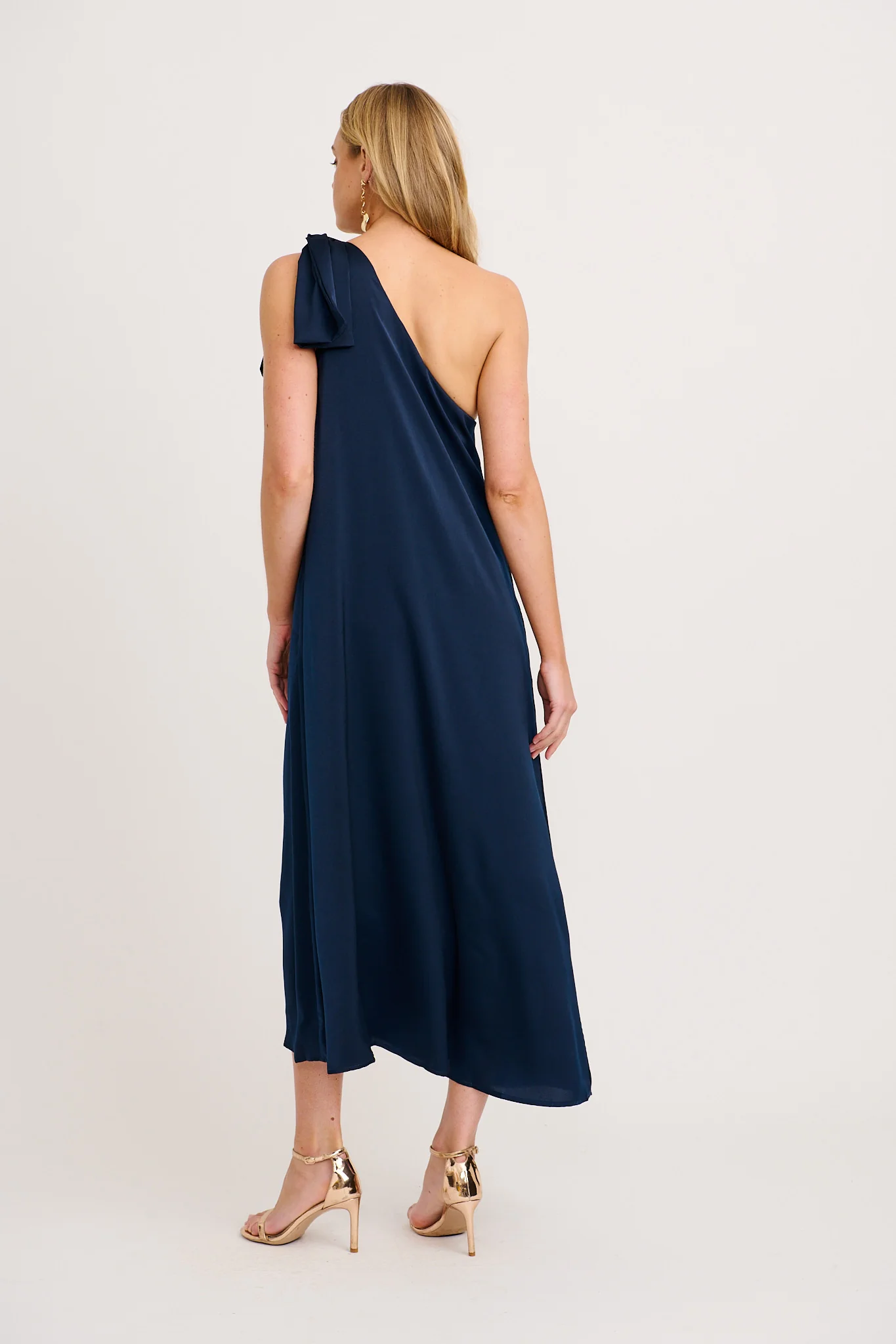 Loyality One Shoulder Maxi Dress in Navy Satin - Image 7